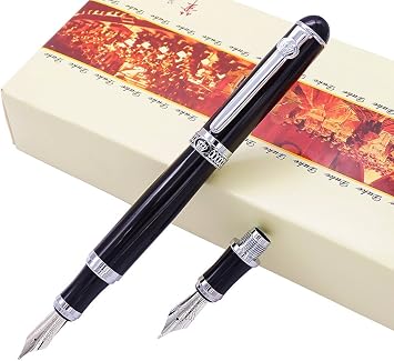 erofa Duke Black Fountain Pen Double-Nibs Iridium Medium and Fude Calligraphy Nib Interchangeable Writing Gift Box Set for Office/Business/Art/Painting