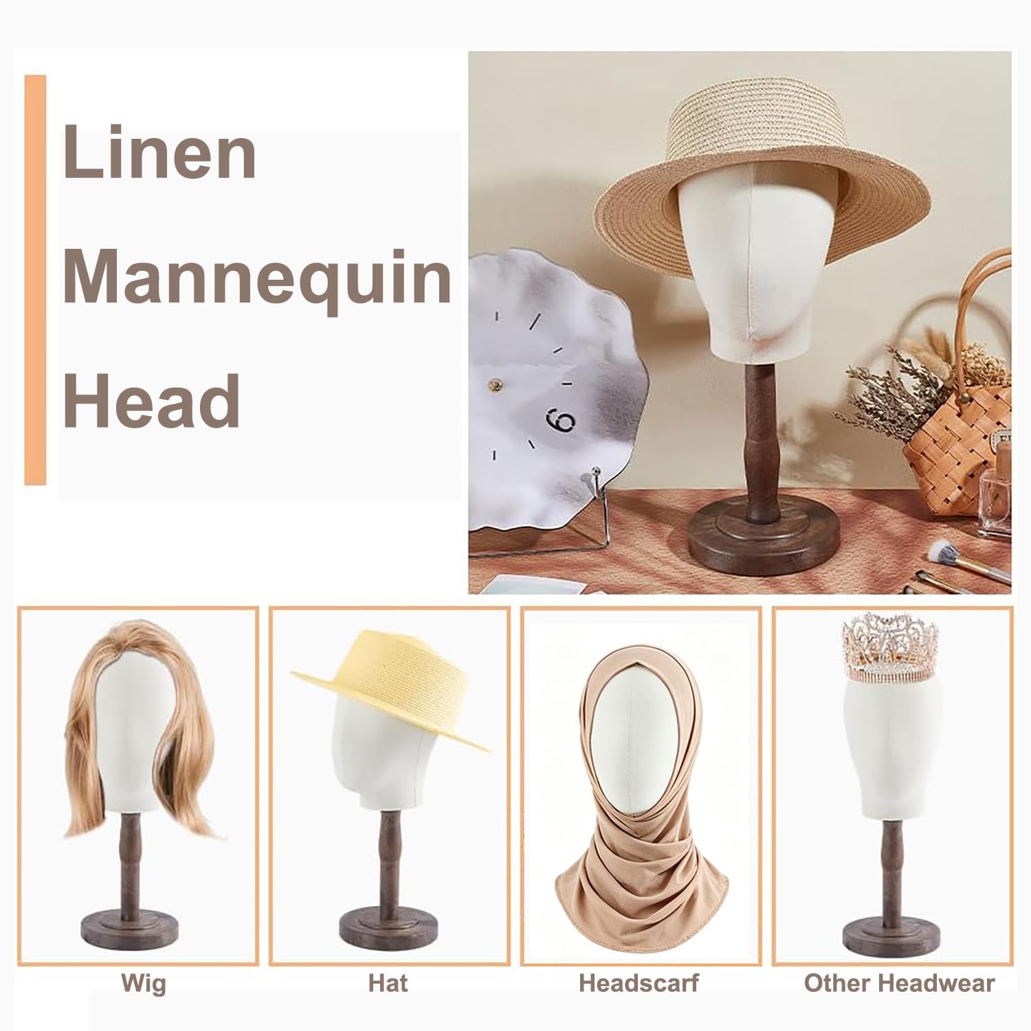 Perückenständer, Hutständer, Perückenkopfständer mit Mannequinkopf 54cm, Tisch-Hutständer, Halter für Mützen und Perücken für Hüte, Kappen, Kopfbedeckungen (2pcs)