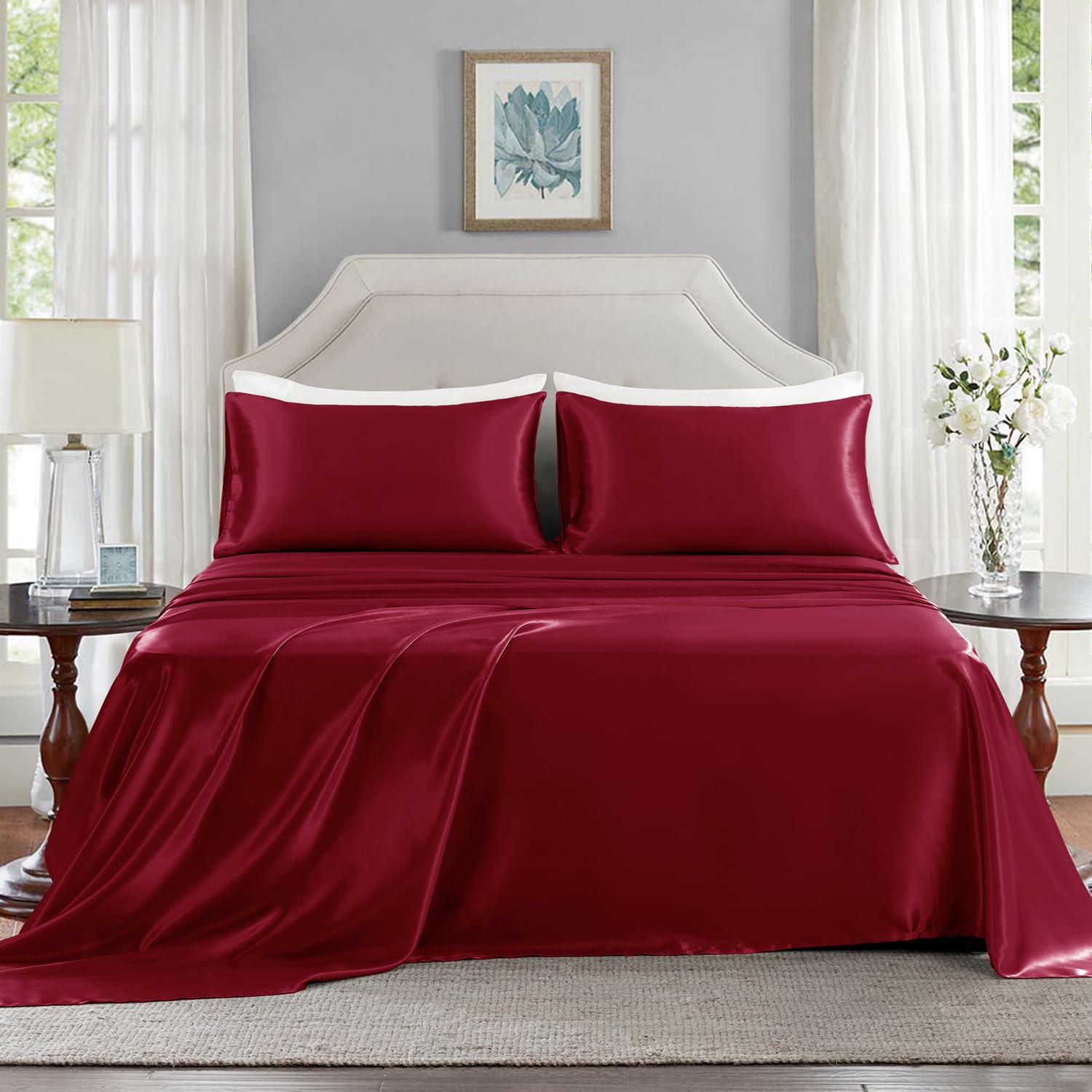 GOLAL Satin Sheets Full Size, 4 Pieces Luxury Silky Soft Bed Sheets - Image 2
