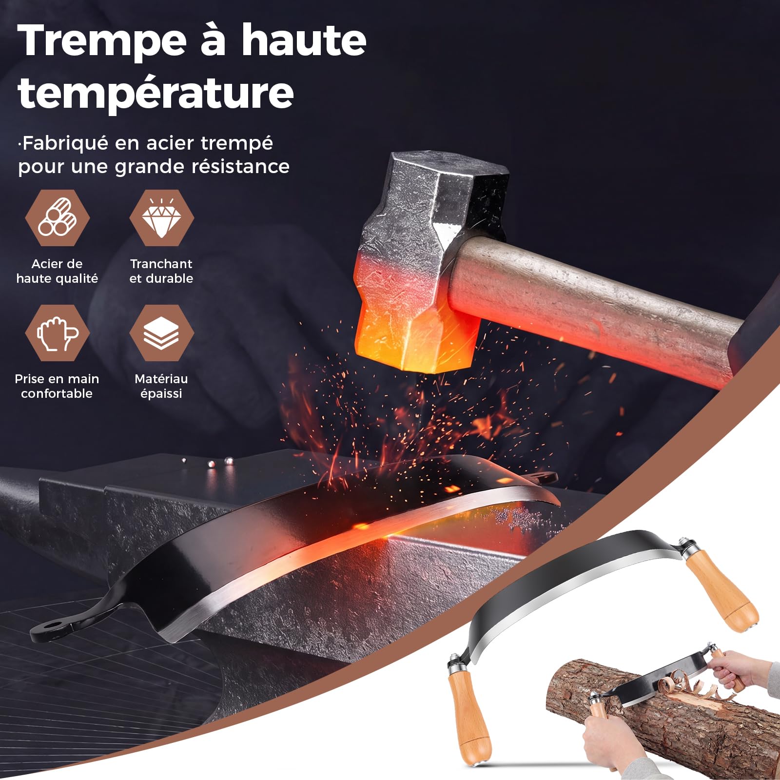 Zugmesser 250 mm für Holz, Wolframstahl, gebogen, Baumschäler mit Holzgriff