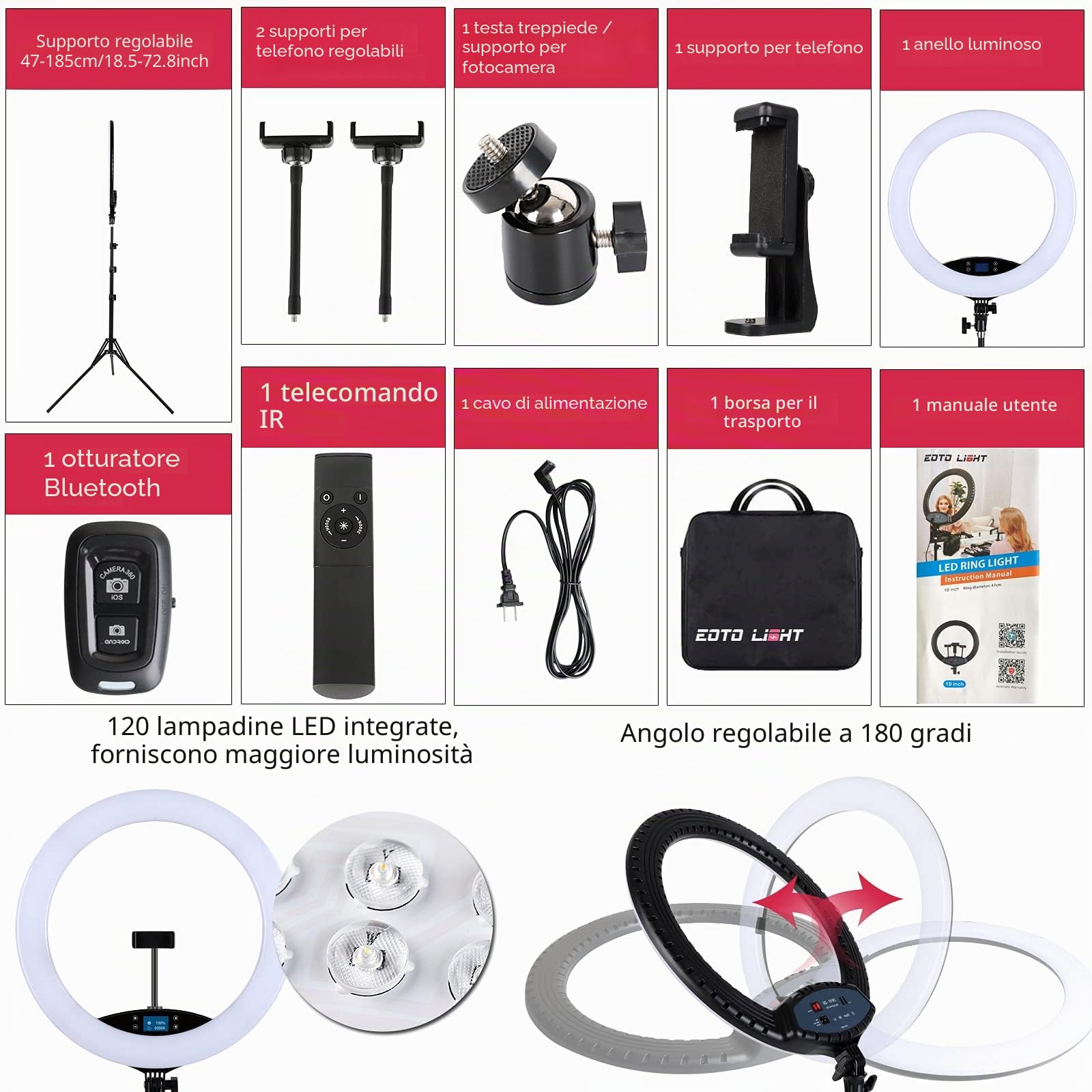 EOTO LIGHT 19 pollici LED Anello Luce con Treppiede per Selfie, Makeup, Vlog, CRI>97, Telecomando