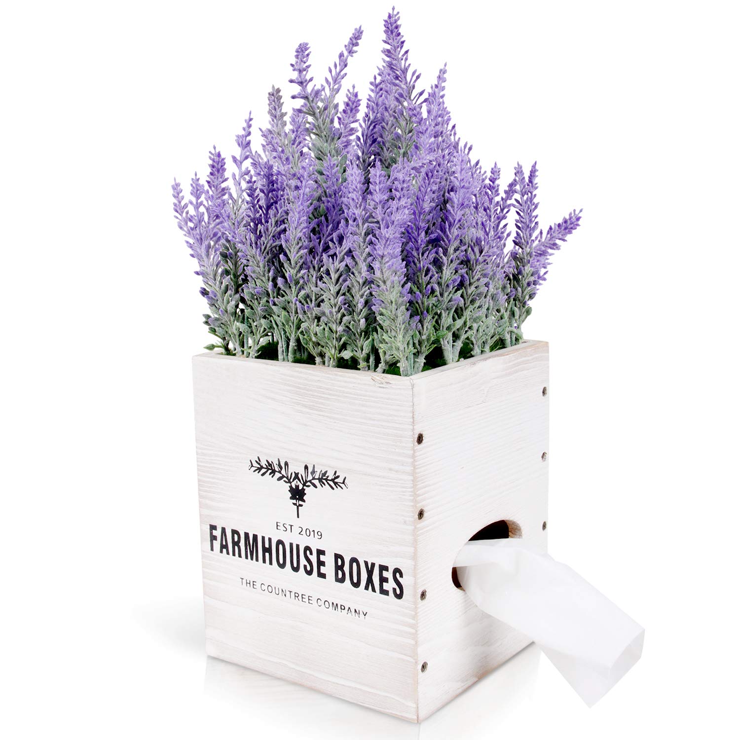 CountreeRustic Hidden Wood Facial Tissue Box Cover Holder Plant with Slide-Out Bottom Panel | Looks Like an Artificial Flower Potted Lavender for Farmhouse Home Decor Grey