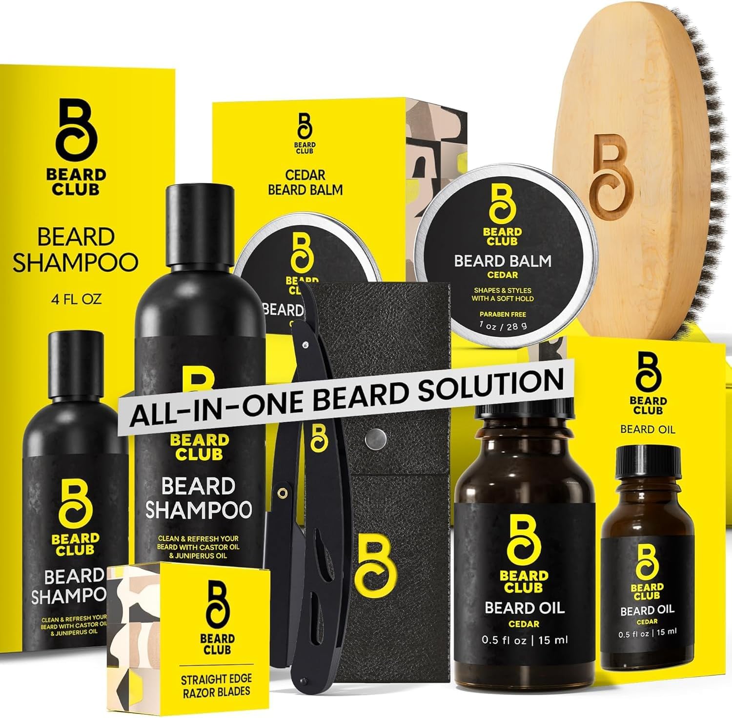 The Beard Club Beard Care Kit & Mens Grooming Kit - Essentials for a Healthier Looking, Stylish Facial Hair - Straight Edge Razor, Shampoo, Cedar Balm & Oil, and Boar Bristle Brush