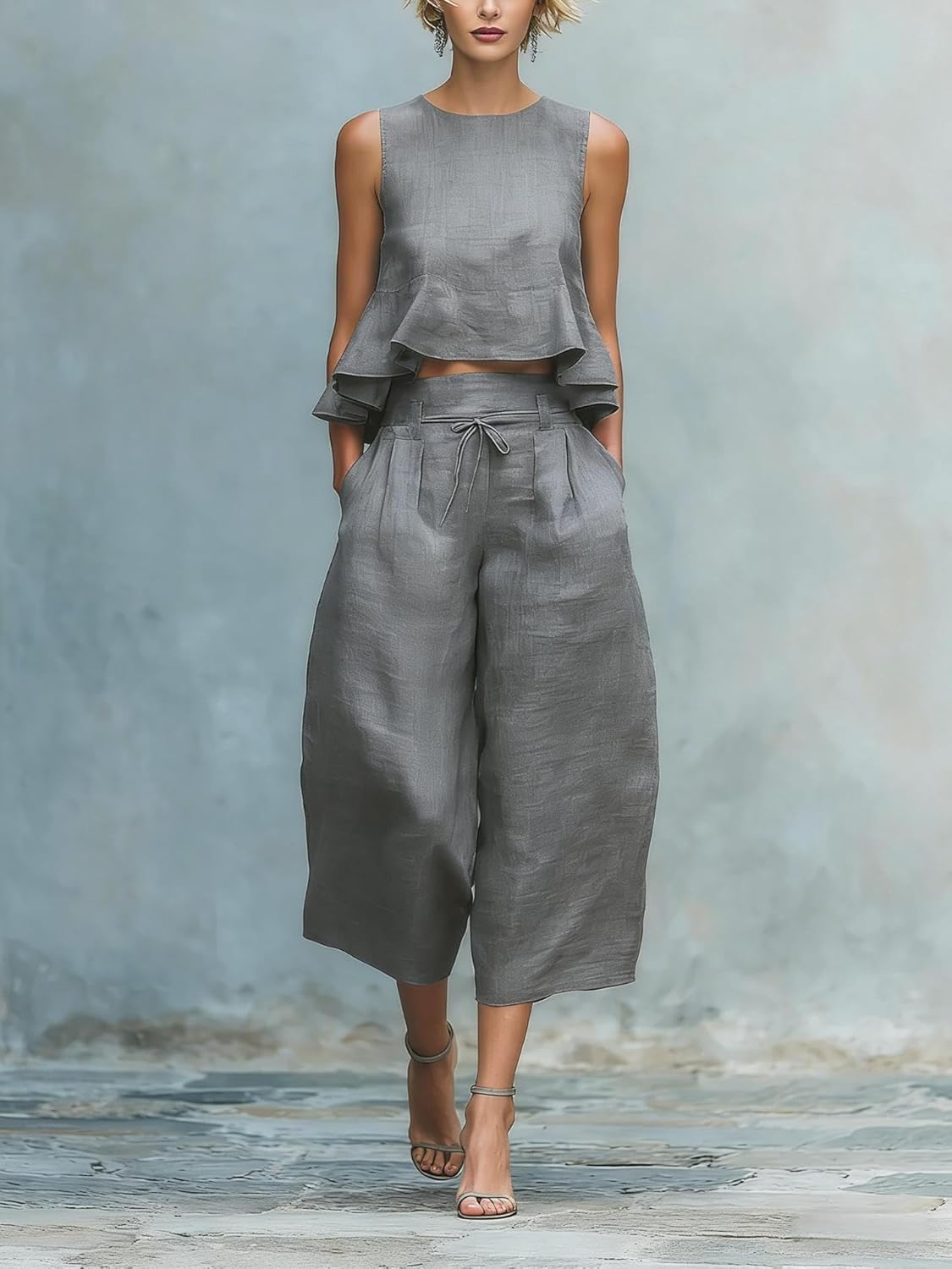Apvirdy Women's Vintage Two Piece Outfits Solid Crew Neck Sleeveless Ruched Tank Top Wide Leg Pants Casual Set