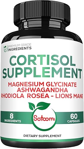 Satoomi Manager de cortisol 8 en 1 con glicinato de magnesio, Ashwagandha, Rhodiola Rosea, melena de león y más, suplemento reductor de cortisol