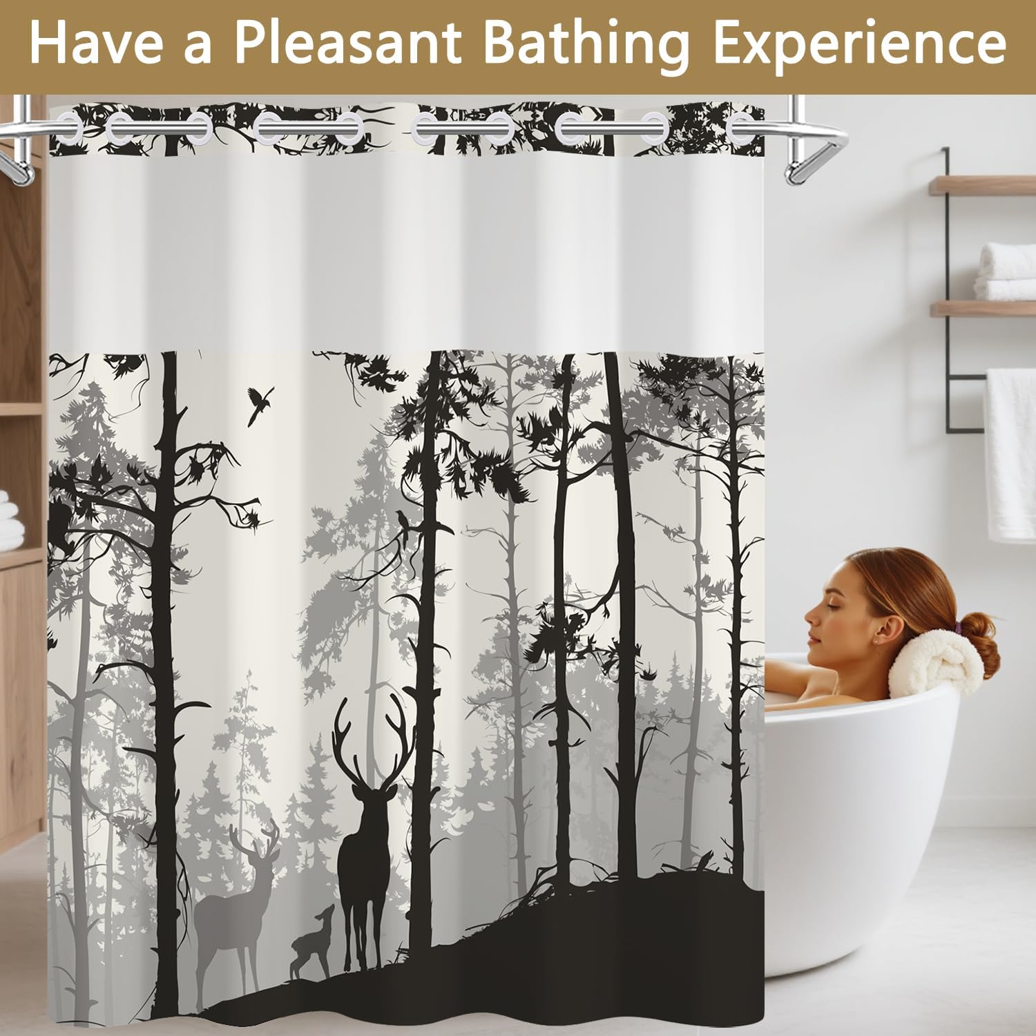 Forest Deer Rustic Shower Curtains for Bathroom, Waterproof Double Layers Fabric Printed Shower Curtain and Liner, No Hooks Needed Wildlife Elk Woodland Pine Tree Decor Bath Curtain, 71x74 Inch
