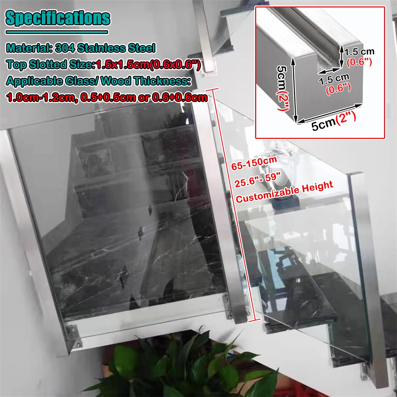 Kit di pali per ringhiera in vetro in acciaio inossidabile per scala/balcone/patio, balaustra interna ed esterna, paletto per recinzione, montaggio laterale, montante sinistro H110 cm/43,9 pollici