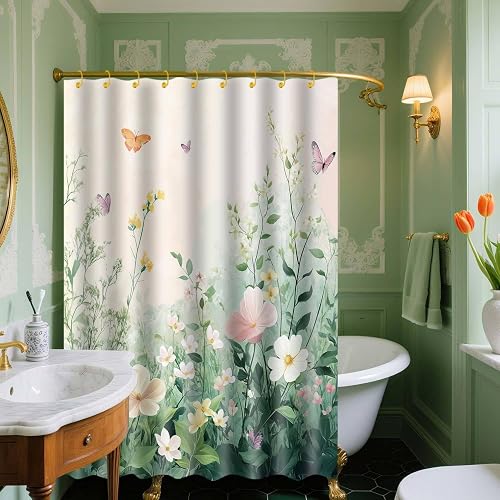 DeeCabin Floral Shower Curtain, Retro Pink Green Wildflower Butterfly Bathroom D