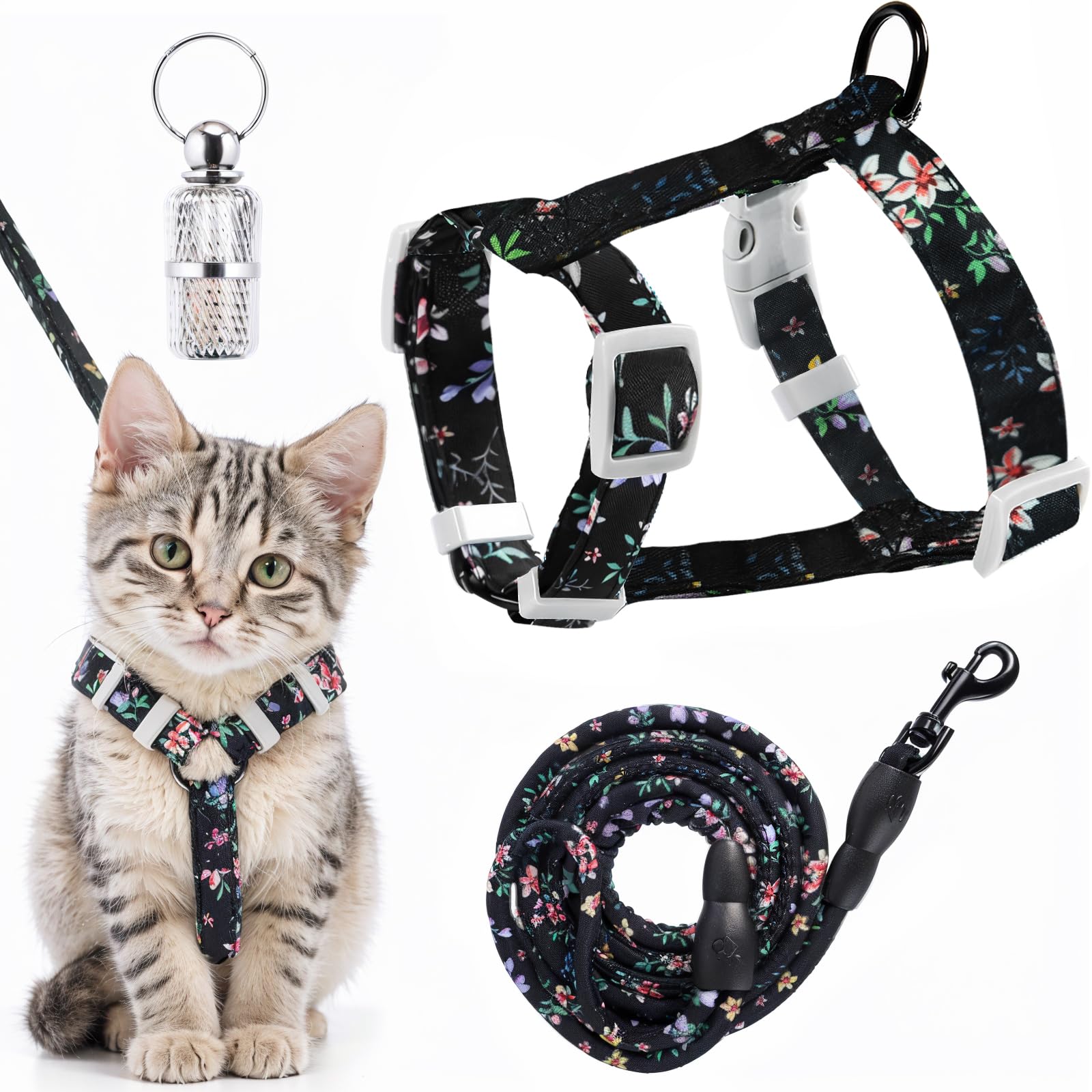 Cat Harness and Leash Set, Lovely Floral Kitten Harnesses with Pet Anti-Lost Pendant, Adjustable Escape Proof Cat Harness, Use Easy Walking Travel Kitten Carrier Cats