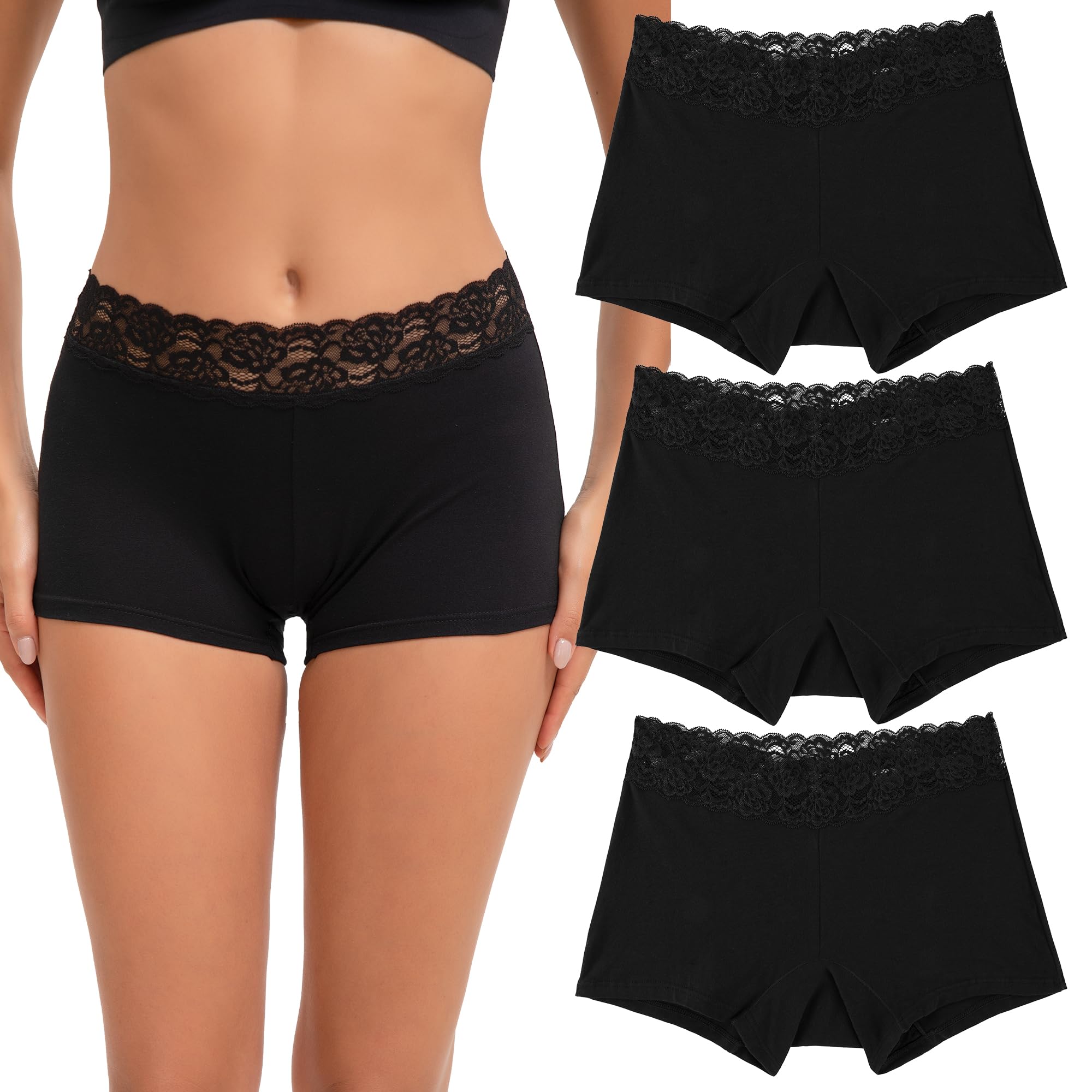 INNERSY Women's Lace Underwear Cotton Soft Breathable Boyshorts Panties 3 Pack