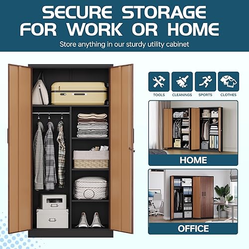 Miniatura 5 de MIIIKO Armario de guardarropa metálico con puertas con cerradura, armario de almacenamiento de metal para ropa, armario de casillero de 2 puertas