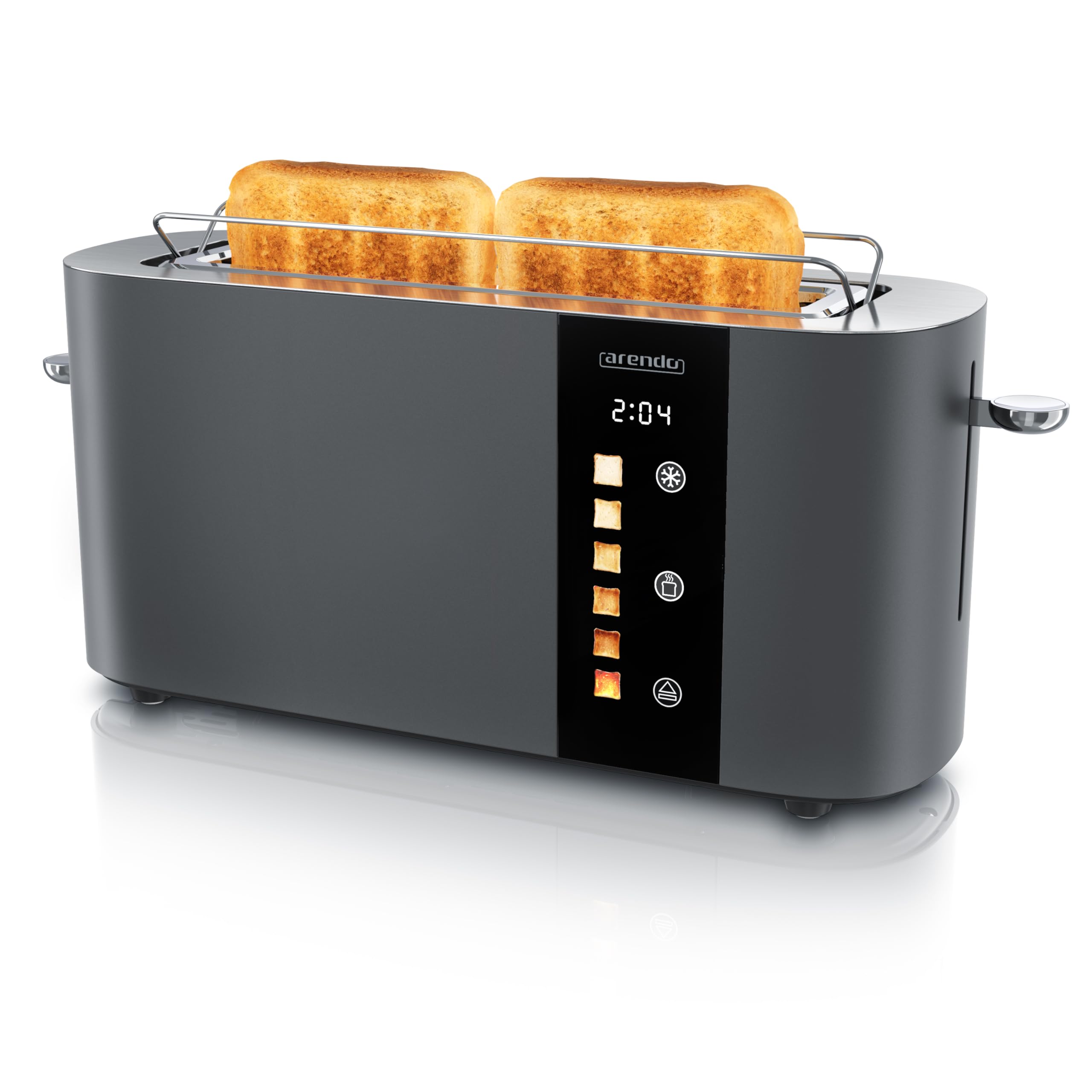Arendo - Edelstahl Toaster 2 Scheiben Langschlitz - Touchscreen – Doppelwandgehäuse – Integrierter Brötchenaufsatz – 6 Bräunungsgrade – Brotzentrierung – Restzeitanzeige – Memoryfunktion - Cool Grey