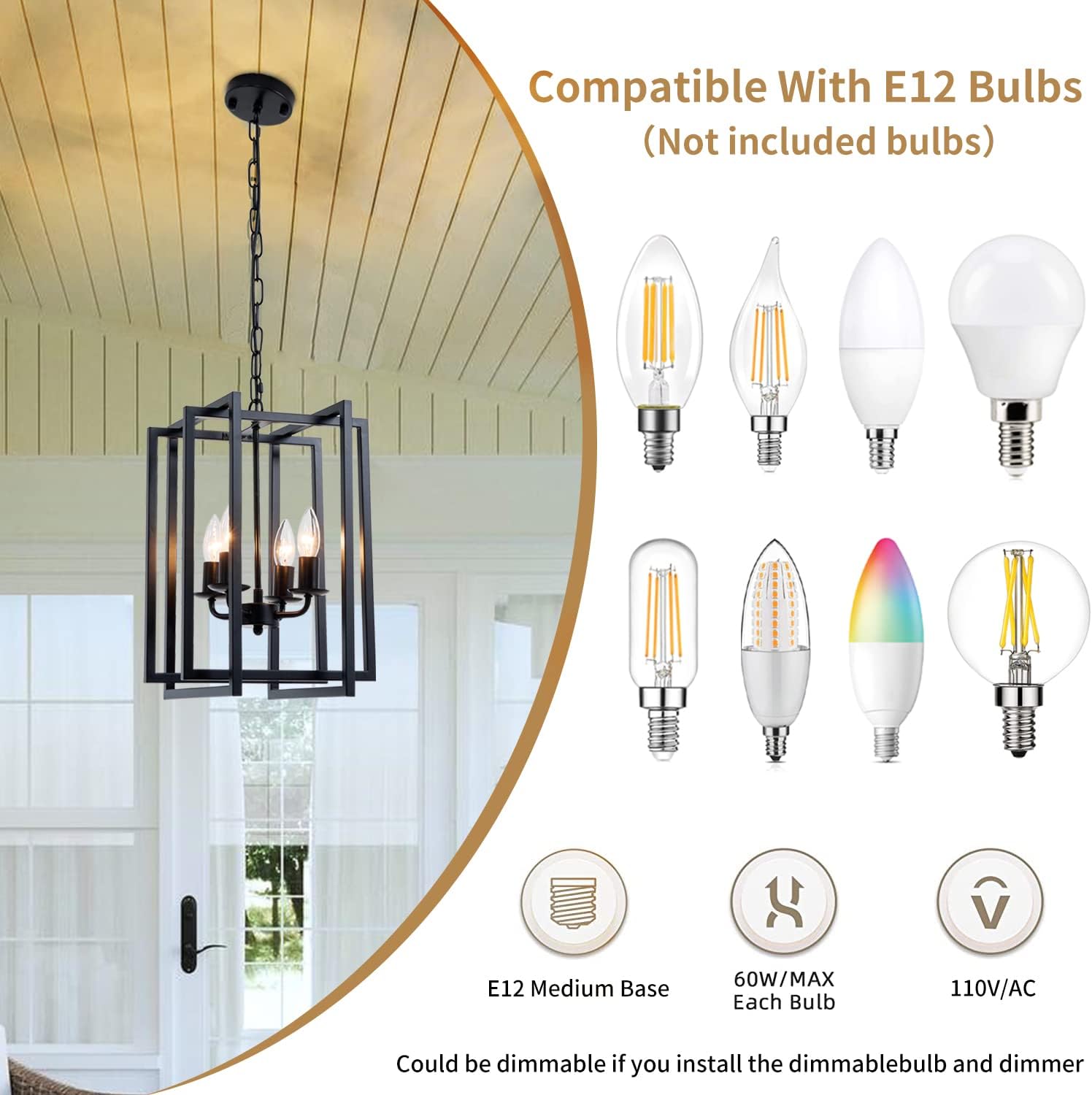 Farmhouse Lantern Chandelier Light Fixture Black, 4-Light Rustic Industrial Pendant Lighting, Adjustable Height Modern Square Cage Hanging Lights for Hallway Kitchen Island Living Room Bedroom