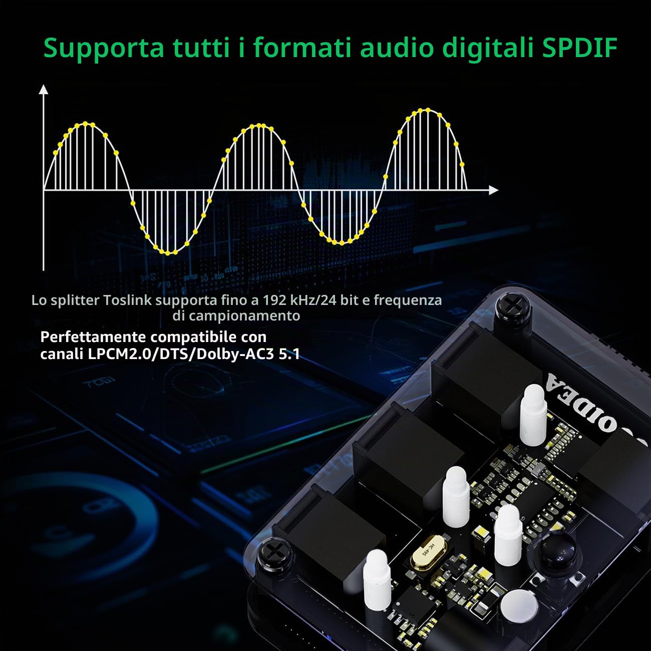 COOIDEA Toslink Audio Switcher Ottico Digitale Automatico 3 in 1 out con Telecomando Wireless Supporta 192k/24Bit PCM2.0 DTS Dolby-AC3 Compatibile con TV/Xbox/Lettore Blu-Ray/PS