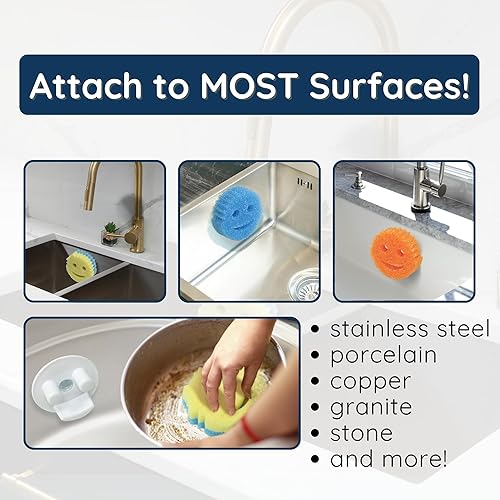 Miniatura 7 de Storage Theory - Soporte de esponja con ventosa, organizador de fregadero de baño y cocina blanco para esponjas de cara sonriente, no incluye