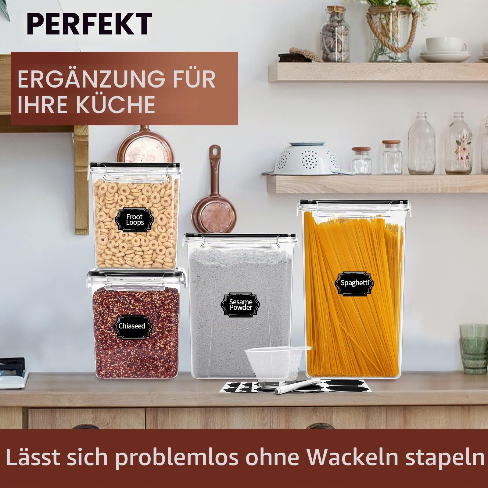Skroam Große luftdichte Frischhaltedosen mit Deckel, Müslibehälter, Aufbewahrungs-Set – BPA-frei, Speisekammer-Organizer und Aufbewahrung für Mehl, Zucker und Reis, mit Messbecher, Etiketten