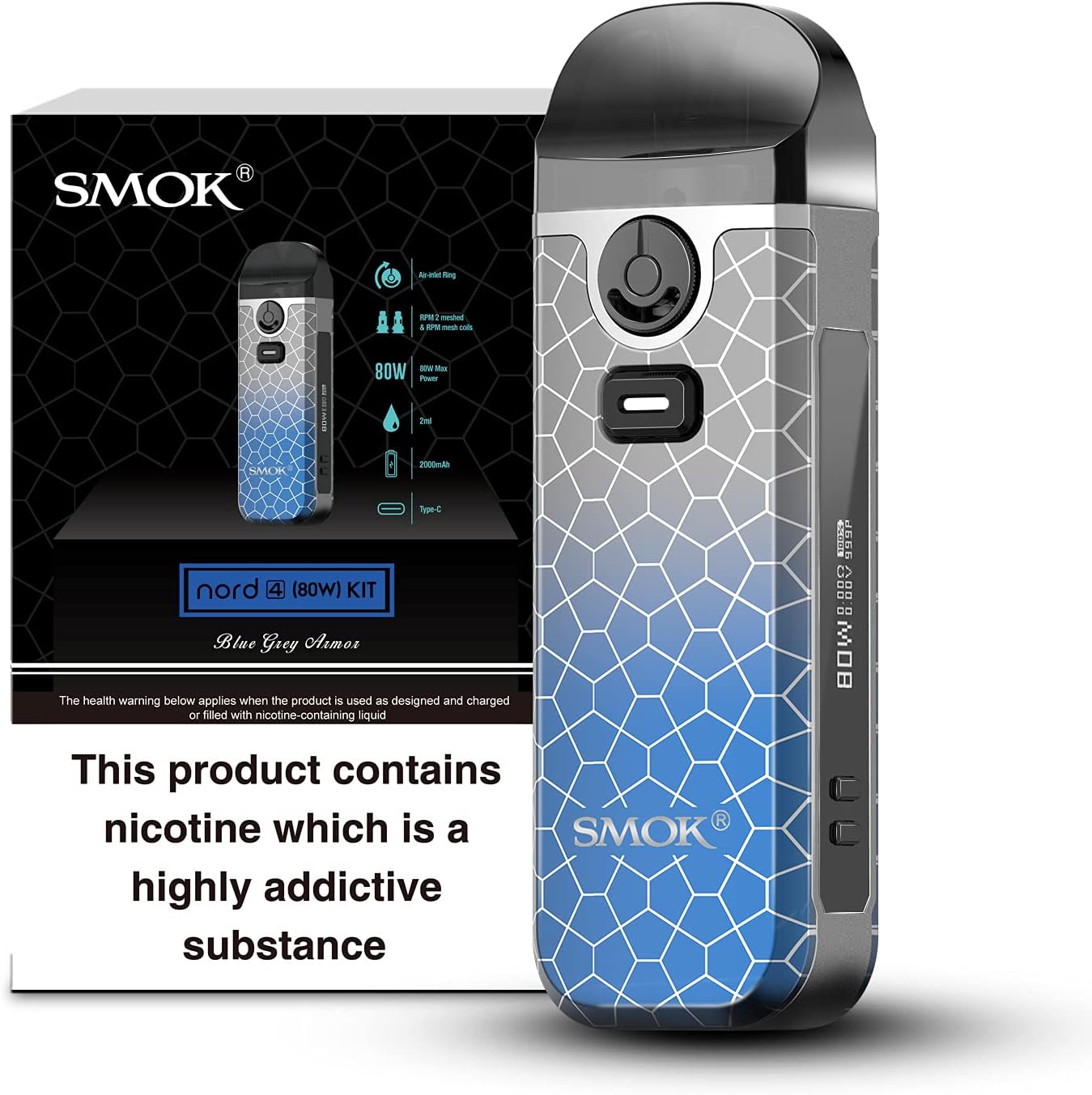 Nord 4 Vape Kit Blue Grey Armor 2000mAh Rechargeable Beginner Friendly E Cigarette Mod Compatible RPM and RPM2 Coils 2ml Tank No Nicotine