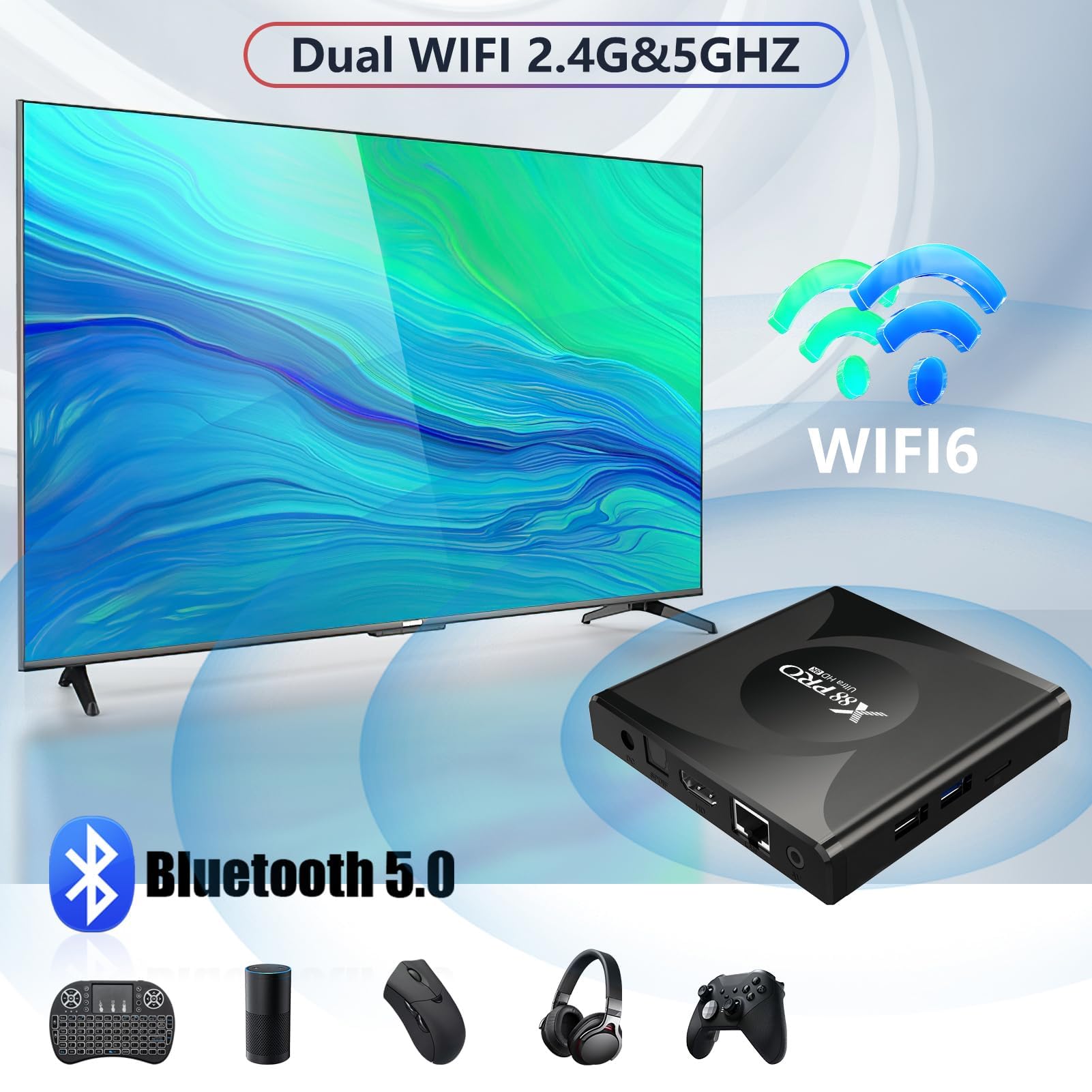 Android 13 TV Box, RK3528 Quad-Core 4GB RAM 64GB ROM 8K HD 2.0 Dual Band WiFi Bluetooth 5.0 Media Player