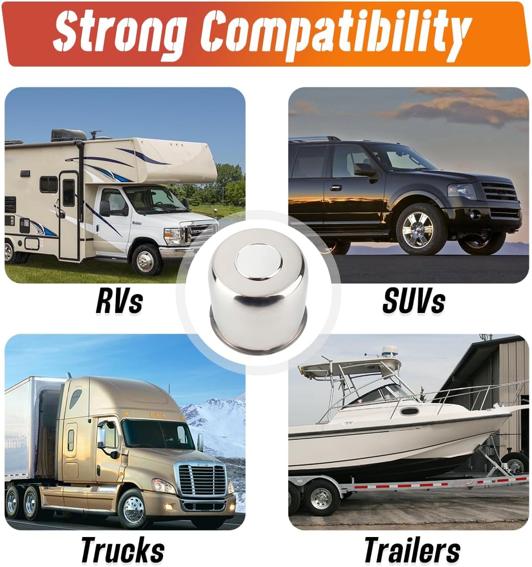 4-Pack Trailer Push Through Center Caps and Trailer Wheel Lug Sets - 4.90in Wheel Center Caps Chrome Wheel Cover Stainless Steel Hub Cap with 32 Chrome Capped 9/16″-18 Lug Nuts for Truck RV