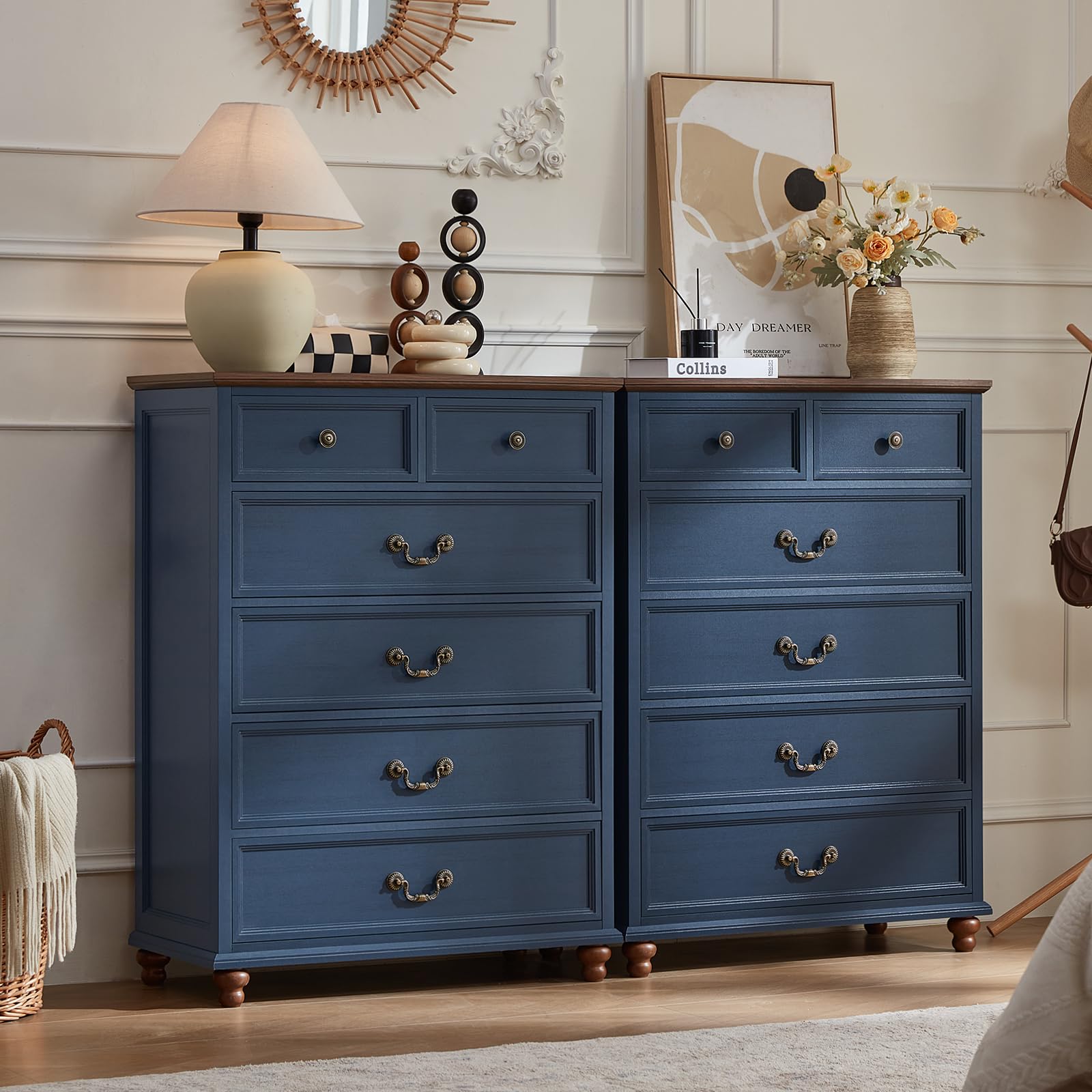 Joaxswe Farmhouse 6 Drawer Dresser Set of 2 for Bedroom, 42" Tall Rustic Chests of Drawers w/ 4 Solid Wood Feet, Mid Century Vintage Wooden Closet Storage Dressers Organizer for Living Room,Blue