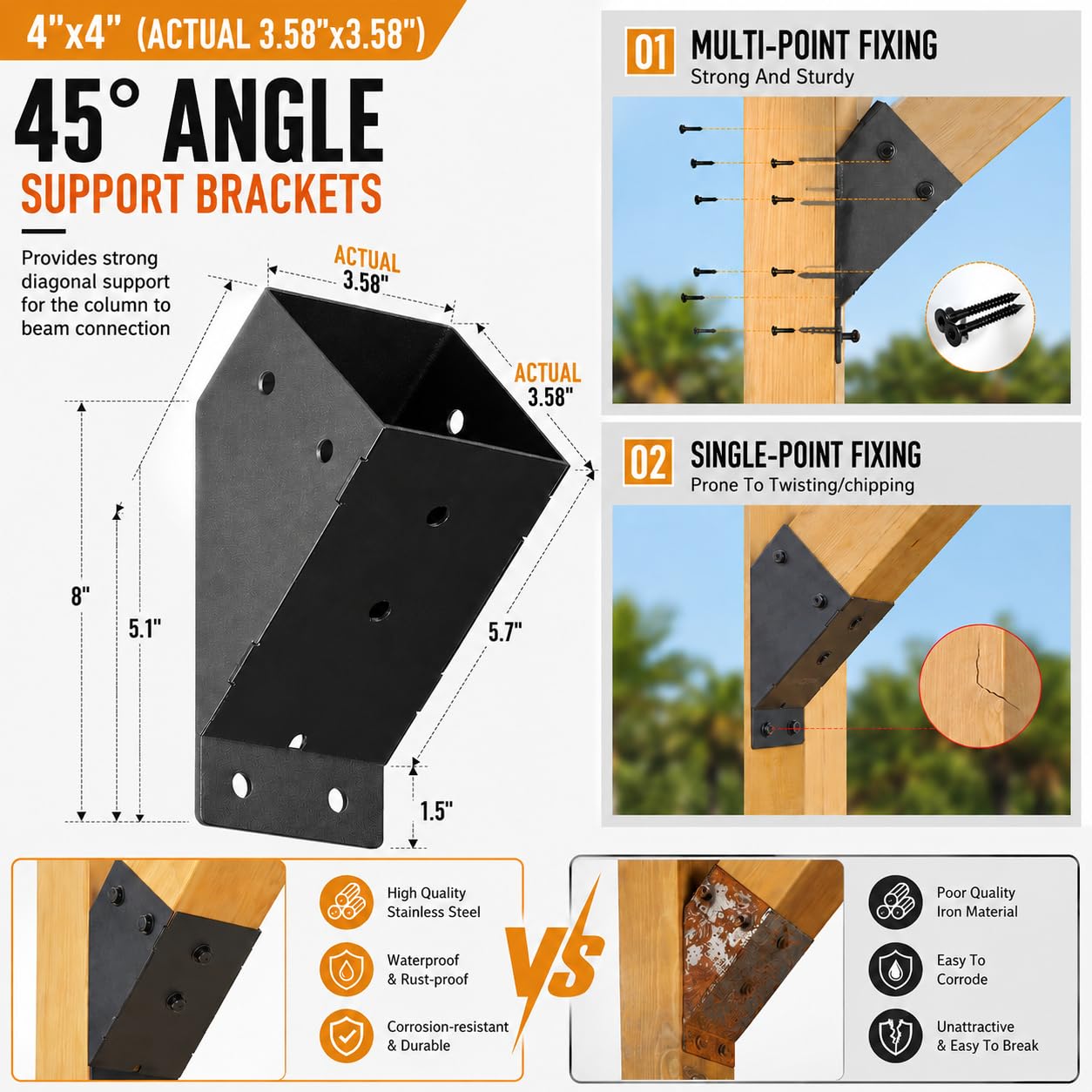45-Grad-Pergola-Halterungen für 4 x 4 Holz, Q235-Stahl, 8 Stück | Schwarze Pulverbeschichtung, Abflusslöcher und 304 Edelstahlschrauben für Pavillons, Decks und Kabinen