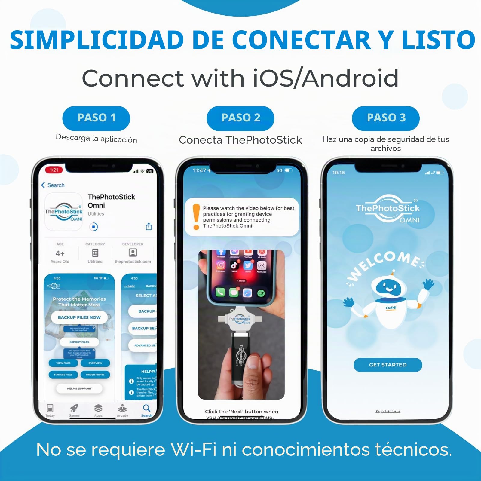 ThePhotoStick Omni - Memoria USB de 64 GB y memoria USB para iPhone, Android, Mac y PC, conexión multipuerto para un fácil almacenamiento y transferencia de archivos