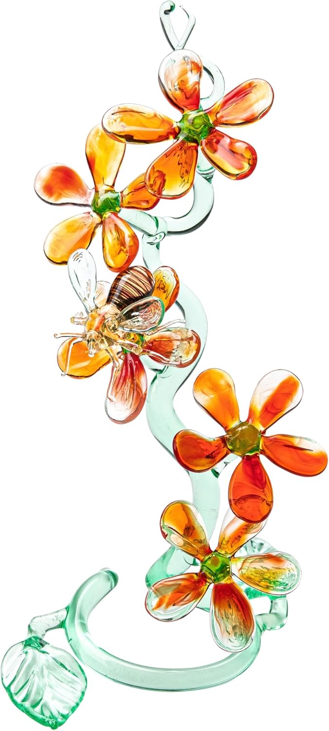 Handmade UV Glass Flower Sculpture with Bee Glows Under UV Light Lampwork Floral Art Figurine – Neon Green Amber Decorative Glass Art Collectible