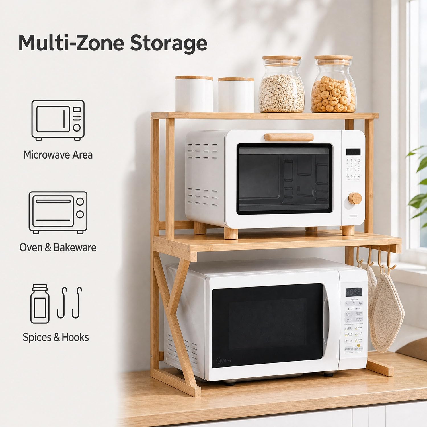 2-Tier Bamboo Microwave Stand, Countertop Microwave Oven Rack