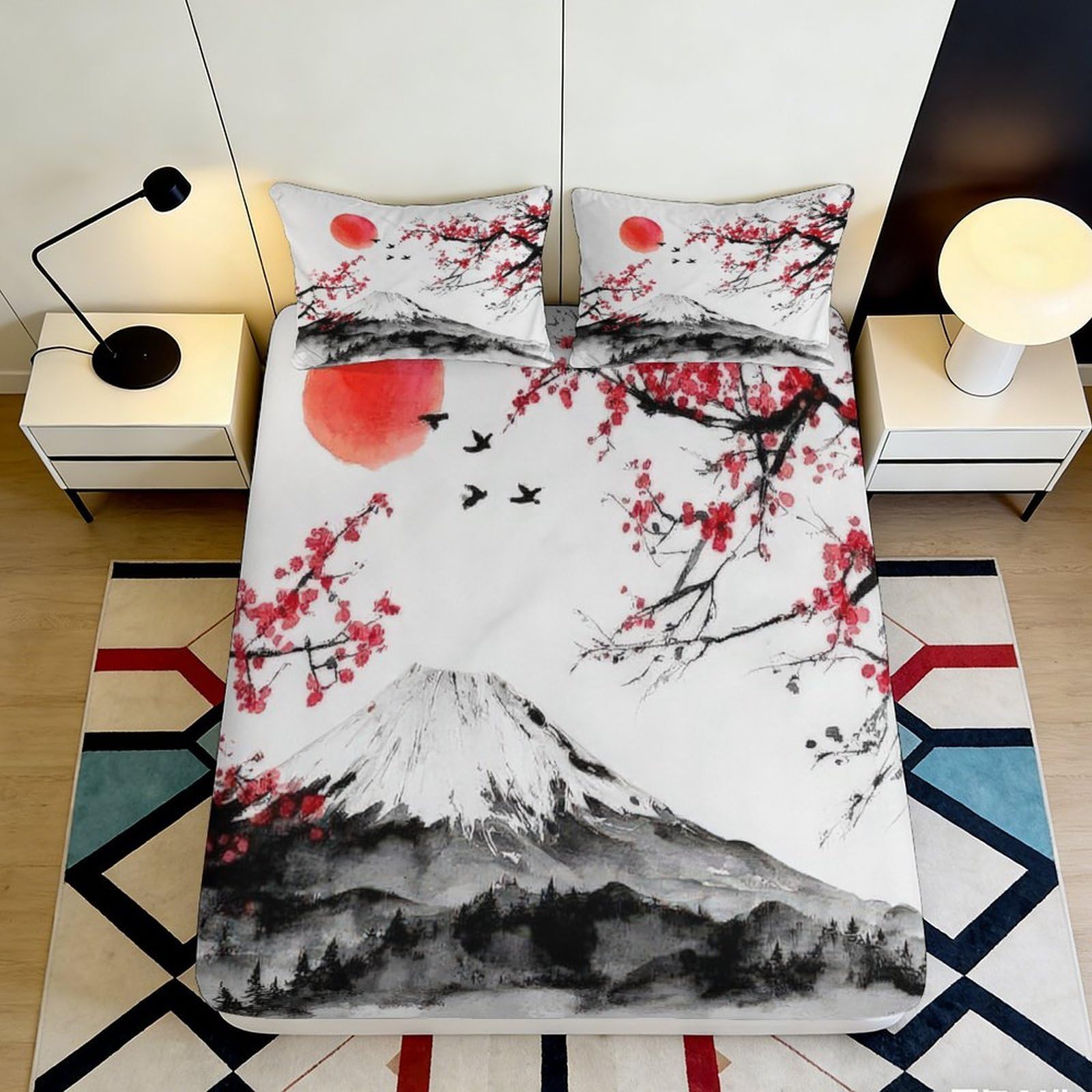 3D Printed Cherry Blossom Mountain Fitted Sheet Microfiber Deep Pocket Non-Slip Bedroom Bedding Sakura Scene Mattress Fitted Cover Soft for Adult 140x200x25cm