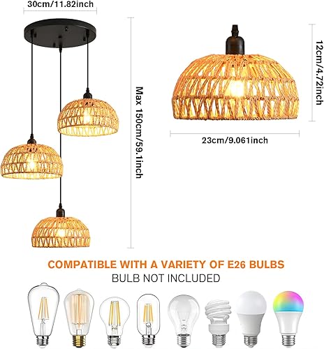 Miniatura 5 de hualuosi Lámpara colgante tejida de bambú, 14.82 pulgadas, estilo costero de ratán tejido a mano, lámparas colgantes de mimbre bohemio para granja,