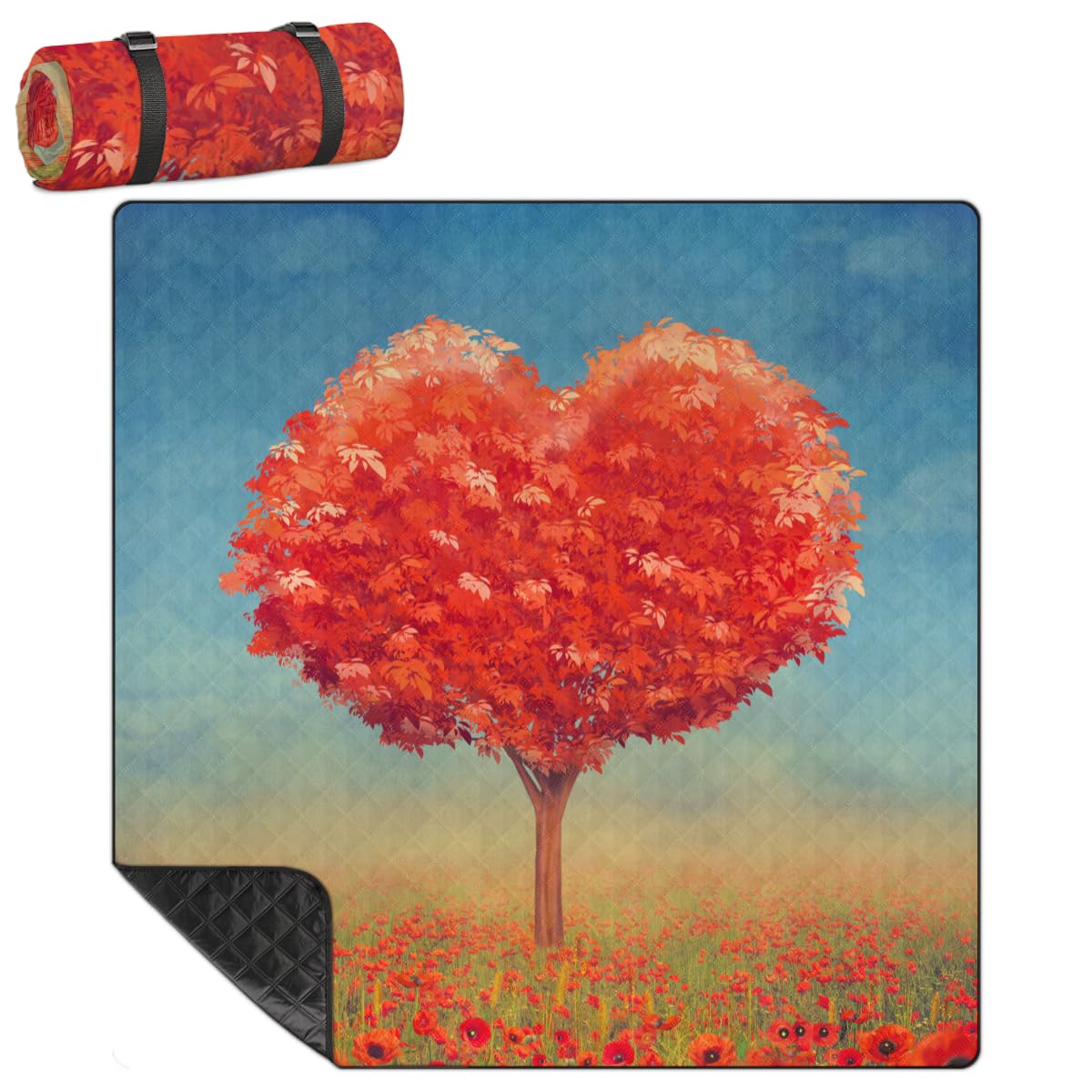 Shimoshe Extra Large Picnic Blankets 79”x 79”, Flower Love Tree Waterproof Foldable Picnic Mat with Straps Portable Beach Blanket for Camping Park Grass Beach Indoor
