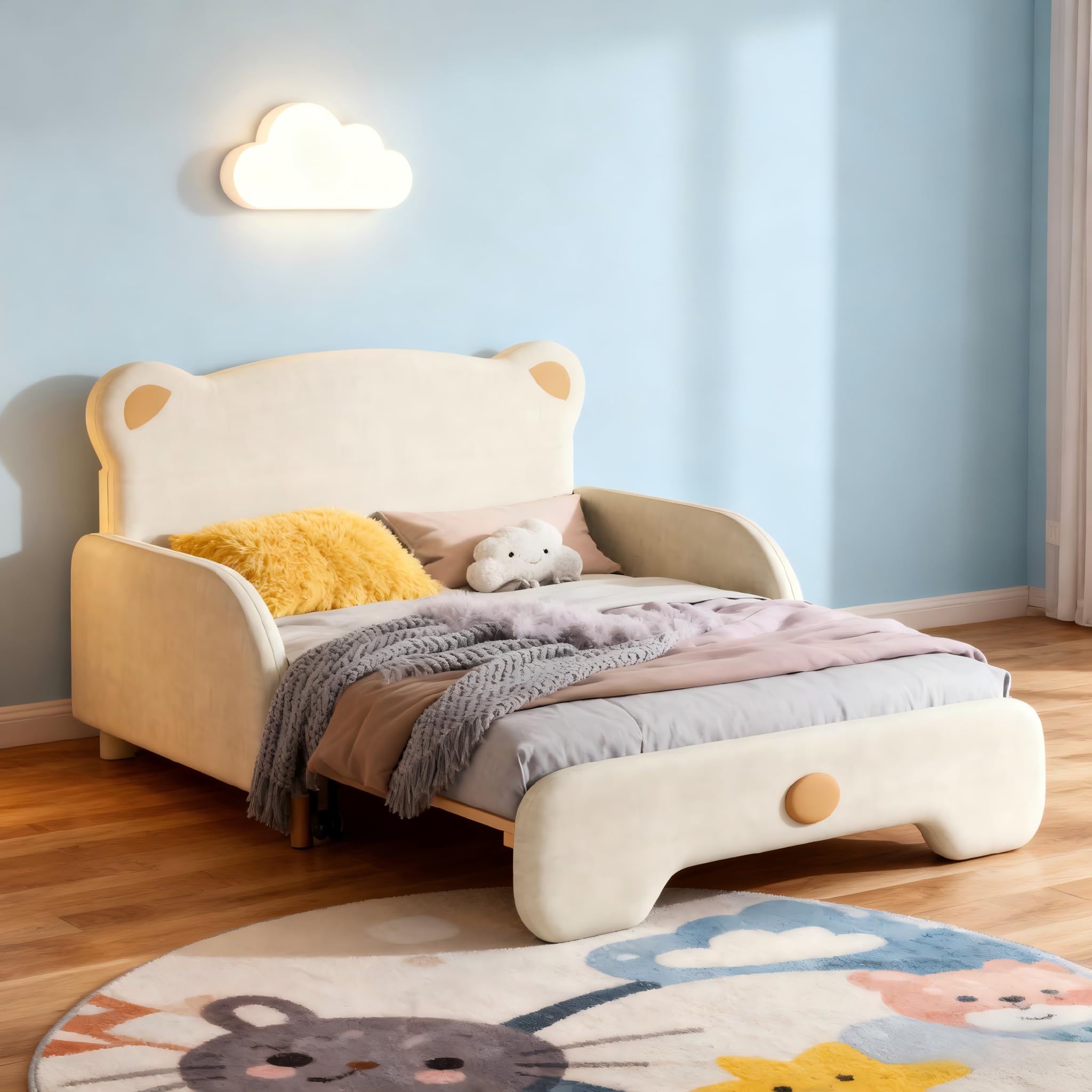 Cama Doble en Forma de Oso, Acolchada, Infantil, Nido, Con Bordes Protectores Suaves, Listones de Madera, Terciopelo, Beige (140 x 110 cm y 140 x 200 cm) (Sin Colchón)