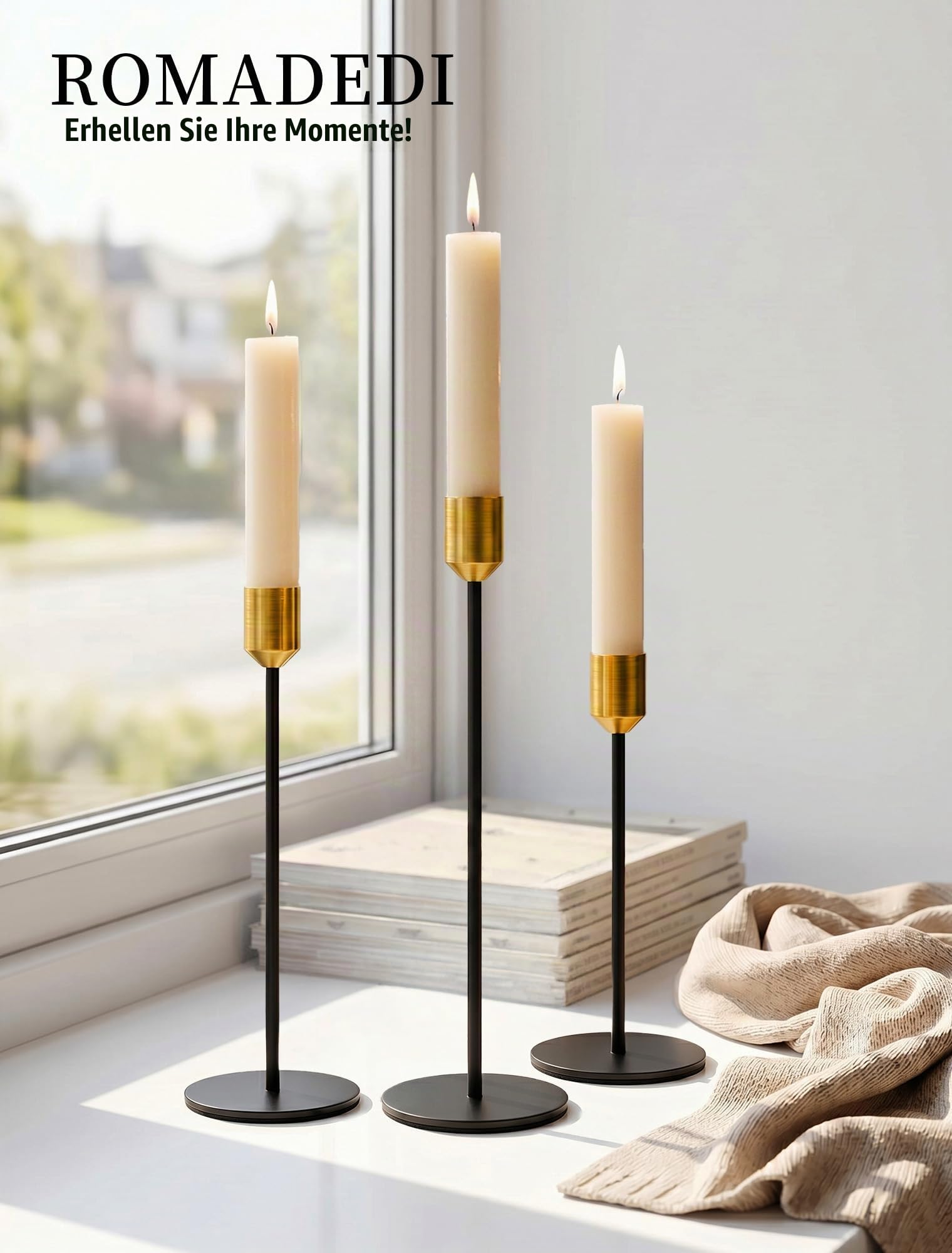 Romadedi Kerzenständer für Stabkerzen, 3er-Set, Gold und Schwarz | Metal Kerzenhalter Modern Drei Höhen: 22, 28 und 32 cm für Weihnachten Esstische, Hochzeiten und festliche Deko