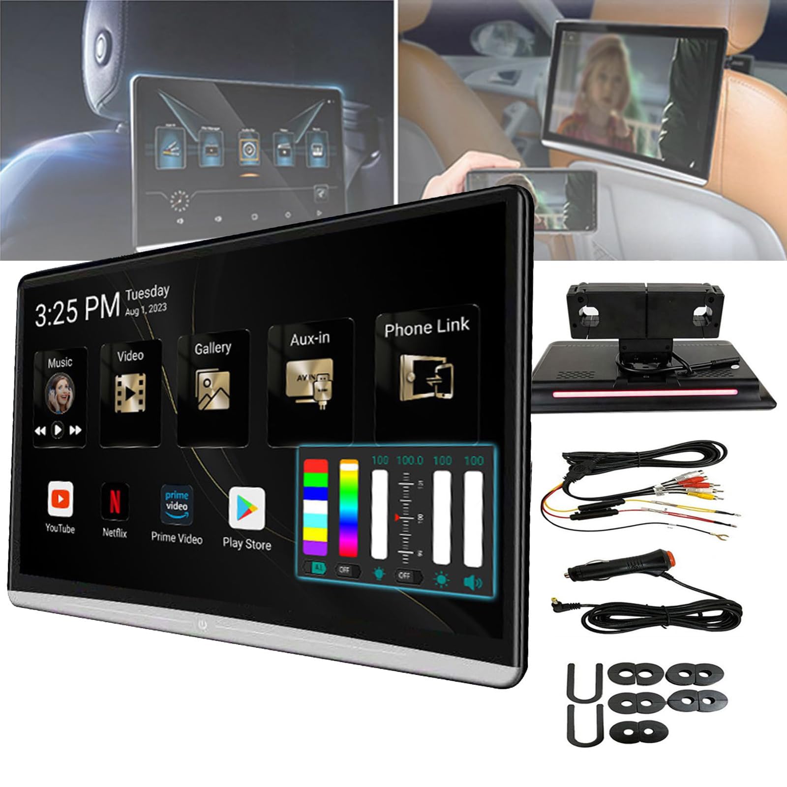 Videoplayer FüR Die KopfstüTze Im Auto, 13,3-Zoll IPS HD Display, 2GB + 32GB, UnterstüTzt Wi-fi/HDMI/USB/FM, UnterstüTzt Kabellose Handyspiegelung, Mit 7 Arten Von AtmosphäRenlichtern