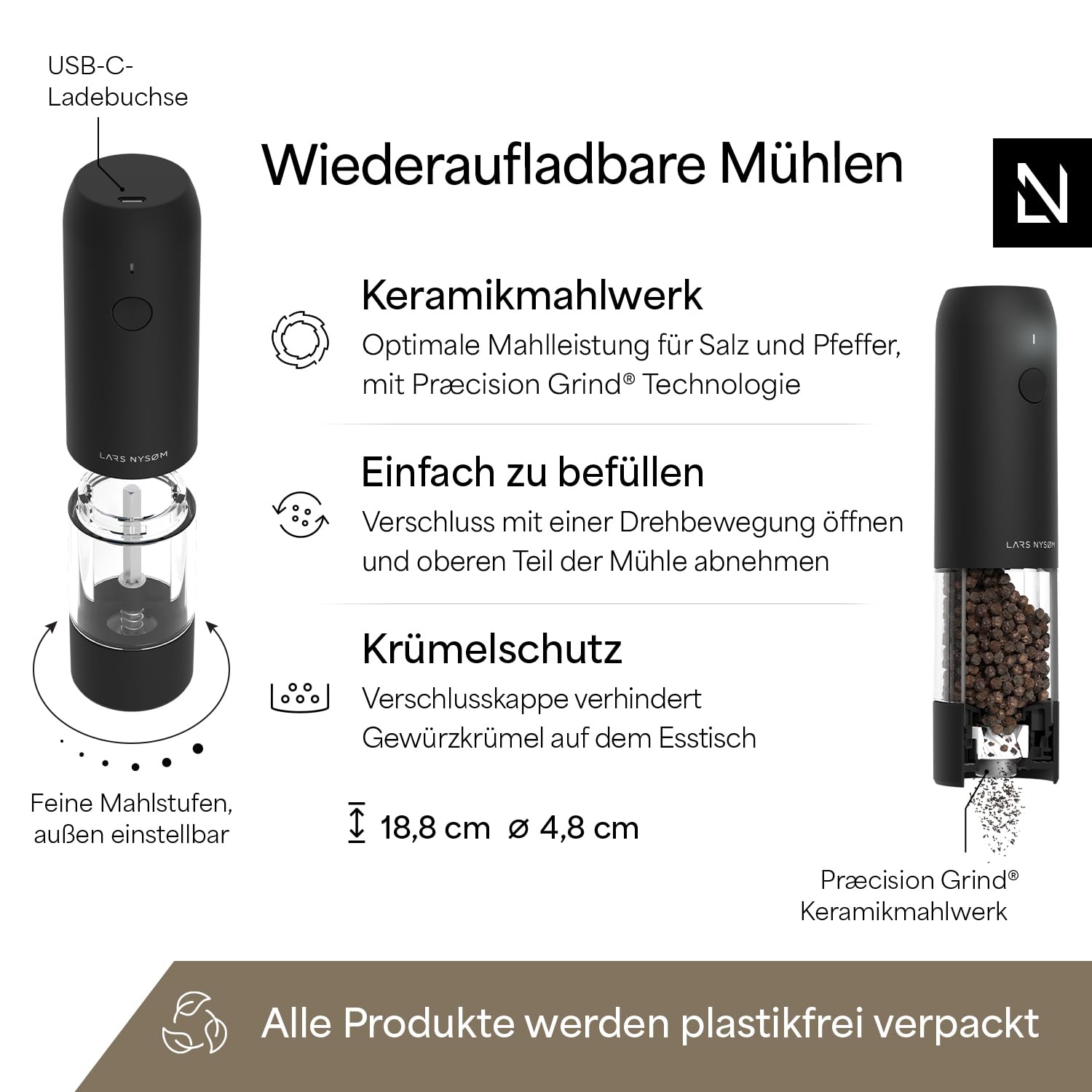 LARS NYSØM Salz und Pfeffermühle elektrisch 2er Set - USB-C wiederaufladbar