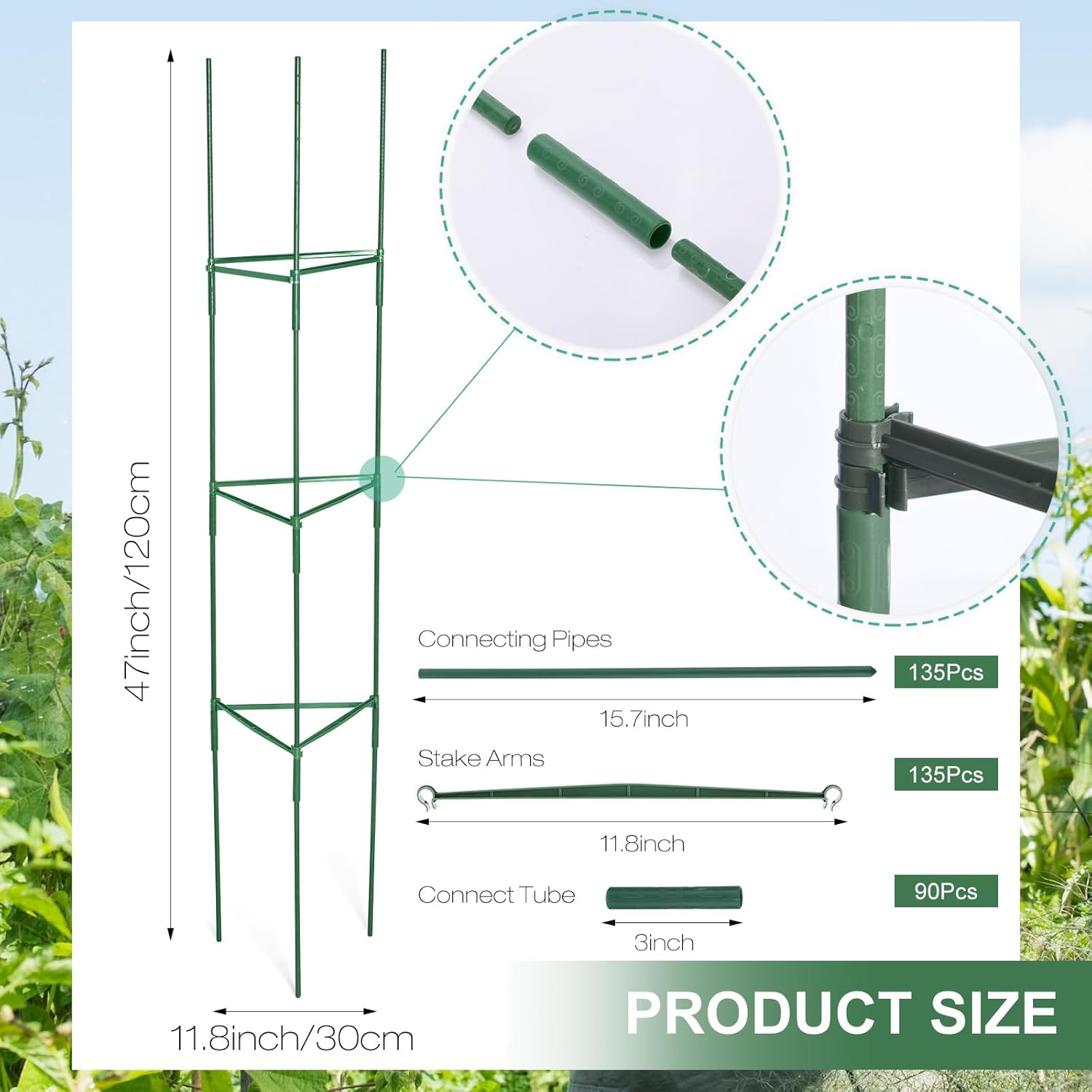 Sunnyray 15 Pack Tomato Cages for Garden 48 Inch Metal Tomato Cages Heavy Duty Plant Supports Assembled Garden Trellis Stakes with Adjustable Snap Arm for Climbing Plant Vegetable (Green)