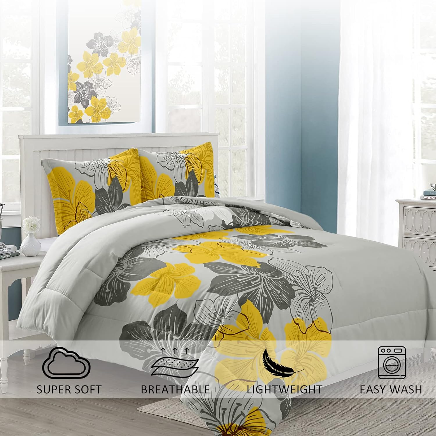 Menghomeus Floral Comforter Set Queen Yellow Floral Pattern Printed on Grey Soft Microfiber Bedding Set Lightweight Bed Set for All Season, 3 Piece (1 Comforter, 2 Pillowcases) - Image 2