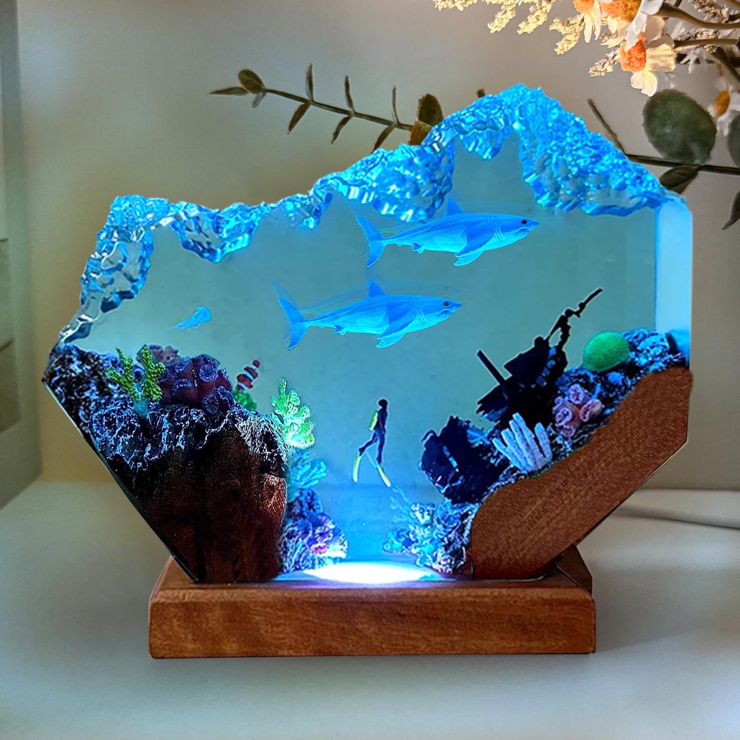 Shark Resin Lamp, Scuba Diving Resin Ocean Lamp,Handmade Shark Decor Bedside Nightlight with Wooden Base, RGB Mode,Unique Gifts for Valentine's Day, Mother's Day, Birhtday,Holiday(S 6"X4")