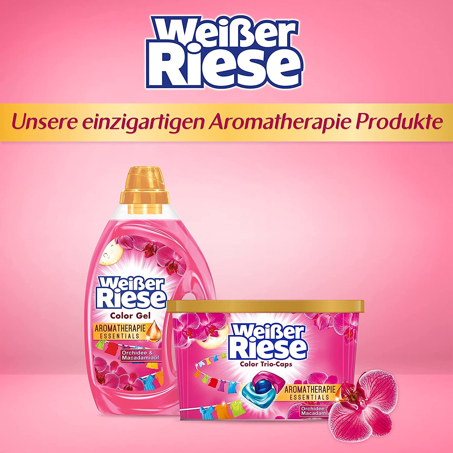 Weißer Riese Color Trio-Caps Aromatherapie Essentials (120 Wäschen), Waschmittel mit Orchidee & Macadamiaöl, Colorwaschmittel mit ätherischen Ölen & intensivem Frische-Effekt