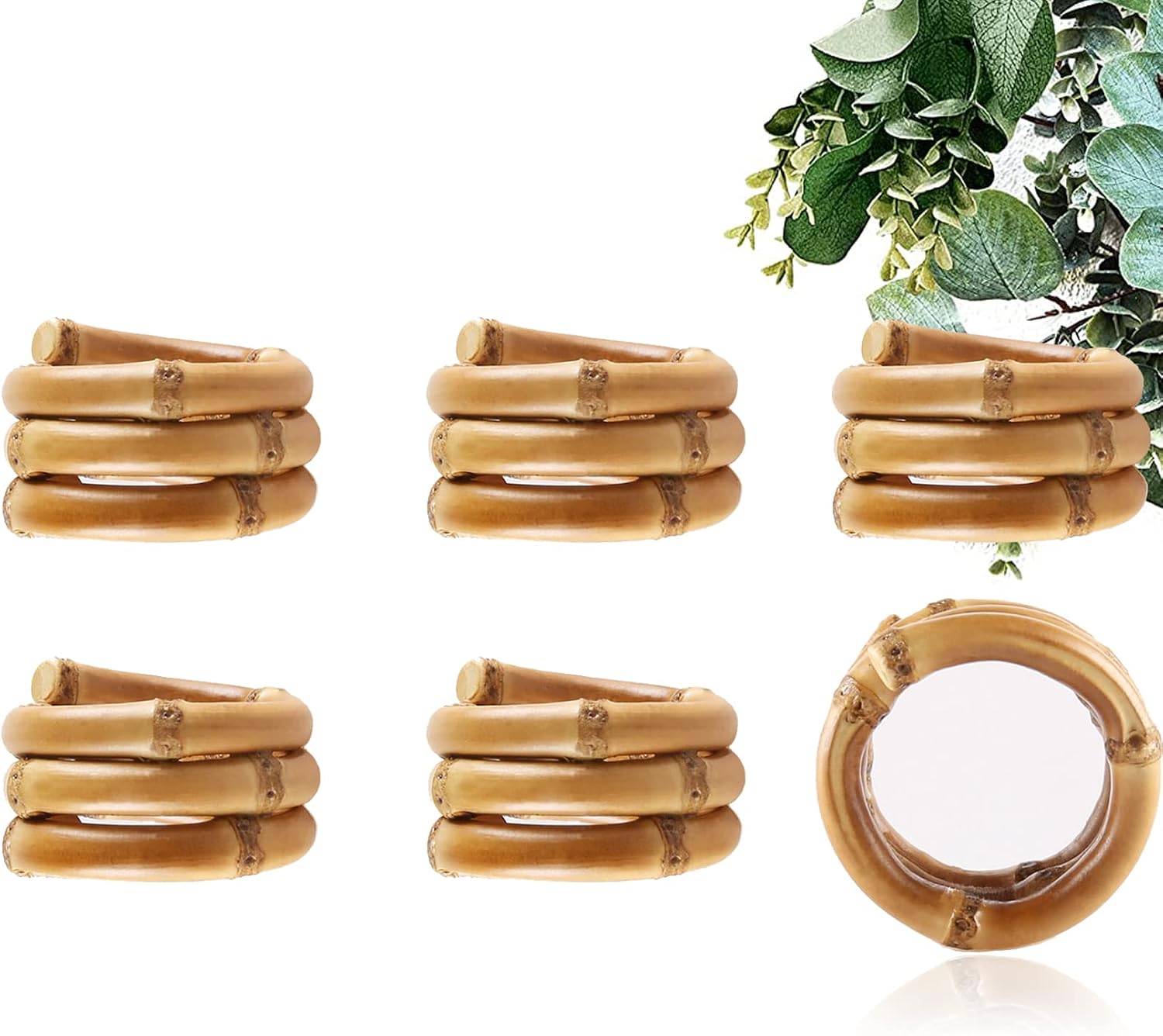 Natural Bamboo Napkin Rings Set of 6, Handmade Rattan Napkin Holder Rings for Fathers Day Summer Dinning Table Decoration for Wedding,Banquet,Feast,Christmas,Birthday Party décor