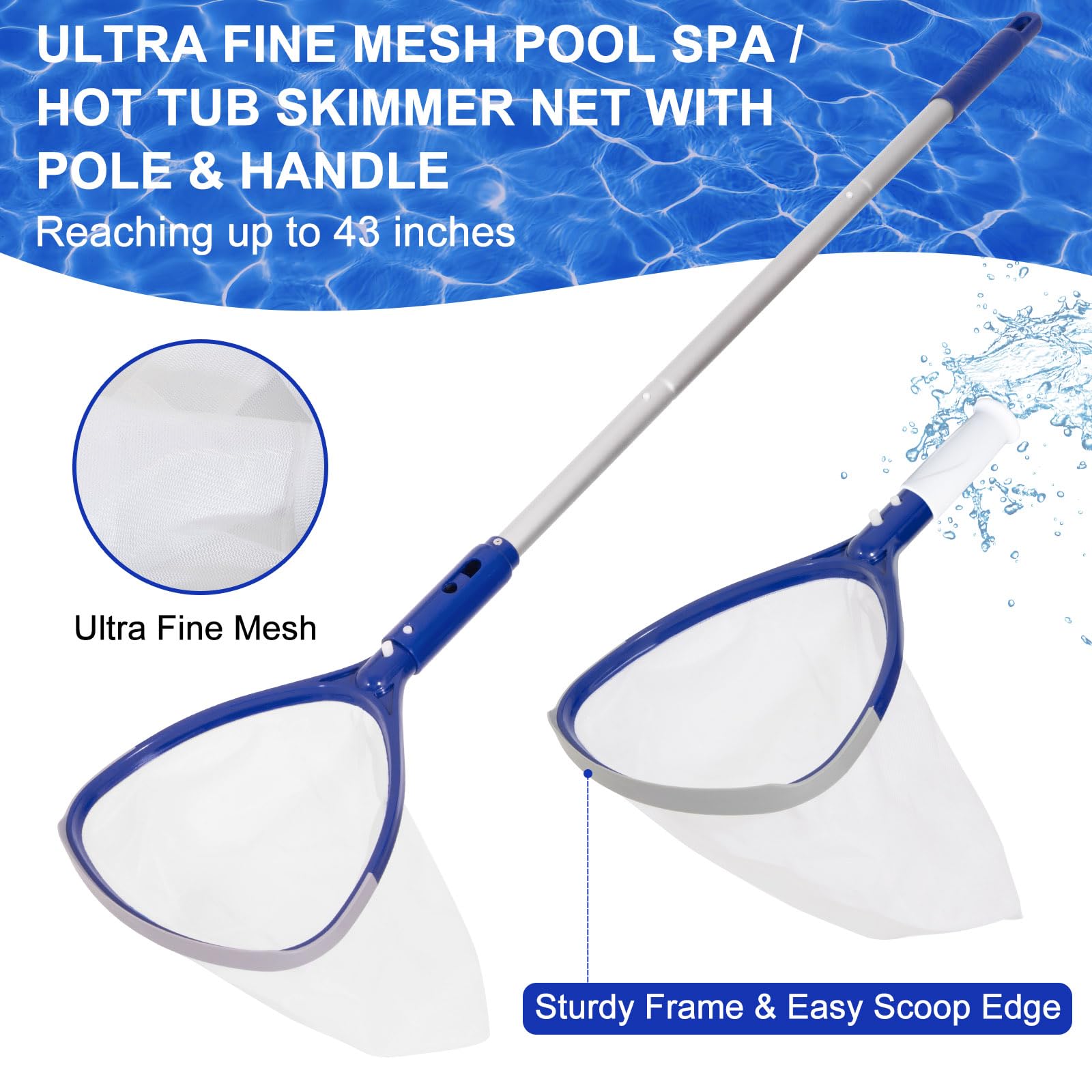 POOLAZA Spa, bañera de hidromasaje, red de skimmer de piscina y cepillo con mango de agarre y poste de piscina de aluminio de 35 pulgadas, red de 9 pulgadas de profundidad, spa de malla fina, bañera
