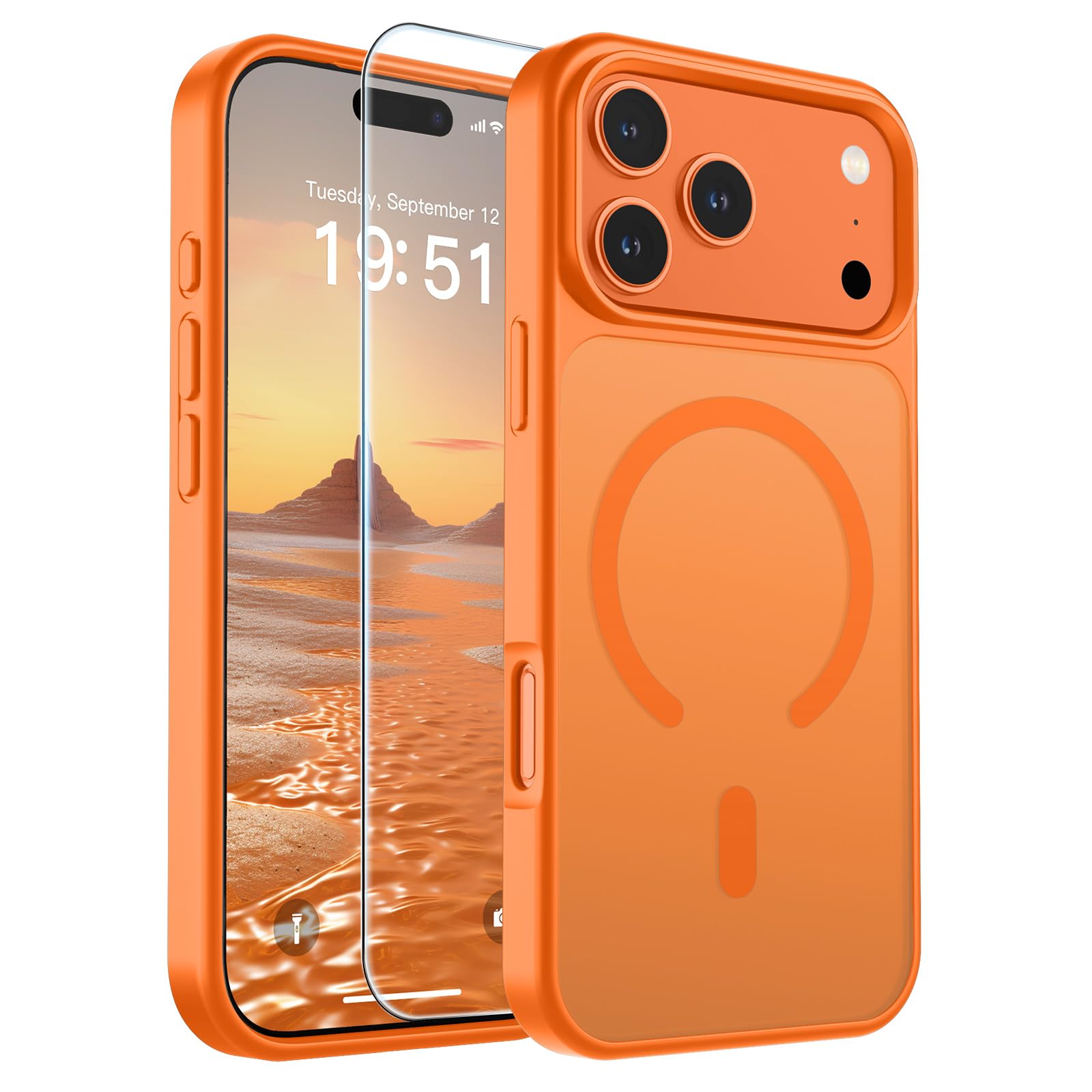 SUPFINE Magnetic for iPhone 17 Pro Max Case Starry Orange | With Screen Protector, Translucent Matte, Compatible with MagSafe, Military Grade Drop Proof, Rugged Shockproof Protective