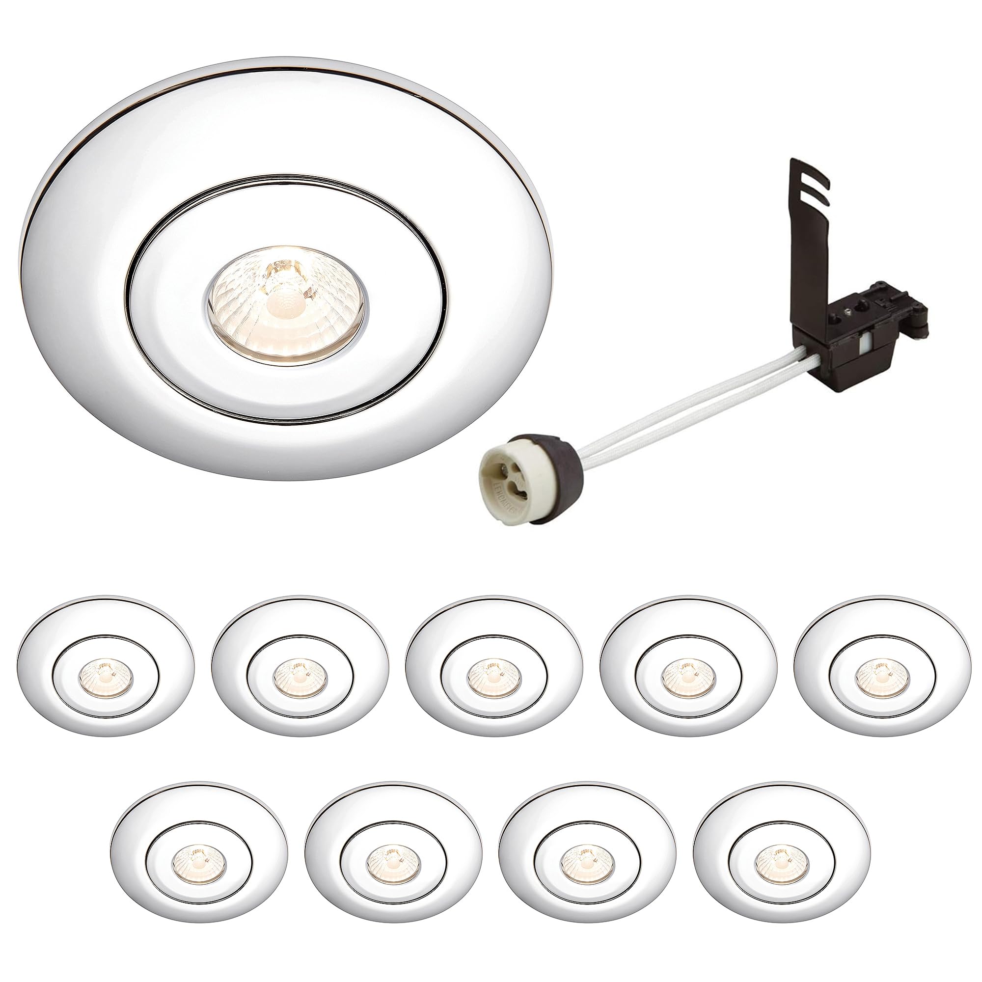 National Lighting Chrome Spotlight Hole Converter, Recessed Ceiling Lights, Gu10 Halogen Or Led, Dimmable Downlights Conversion Kit 65Mm-125Mm Ip20 Rated - Pack Of 10
