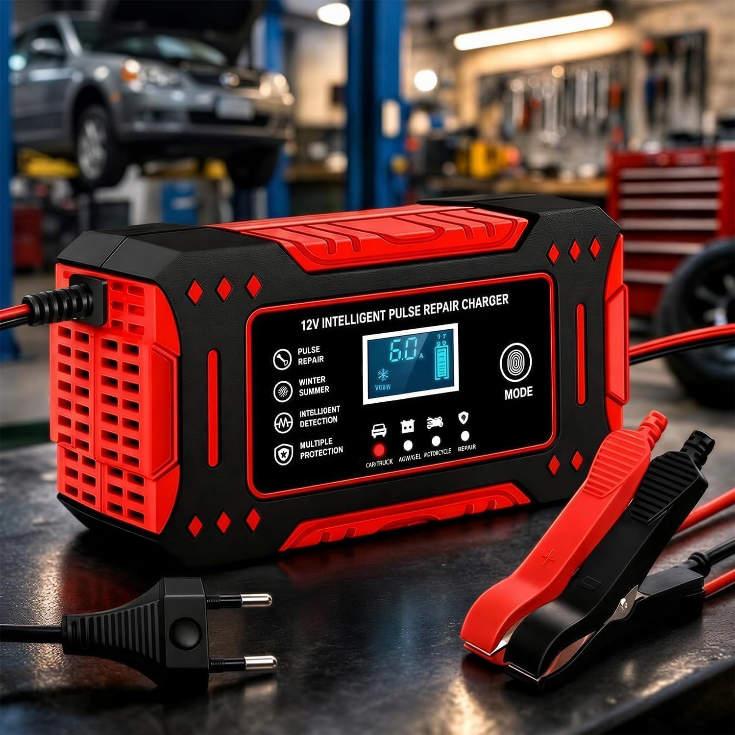 Carregador de Bateria Automotivo Portátil Inteligente 12V 6A para Carro e Moto, com Tela LCD e Reparo de Pulso, AGM, GEL, Bivolt 110/220V (Vermelho)