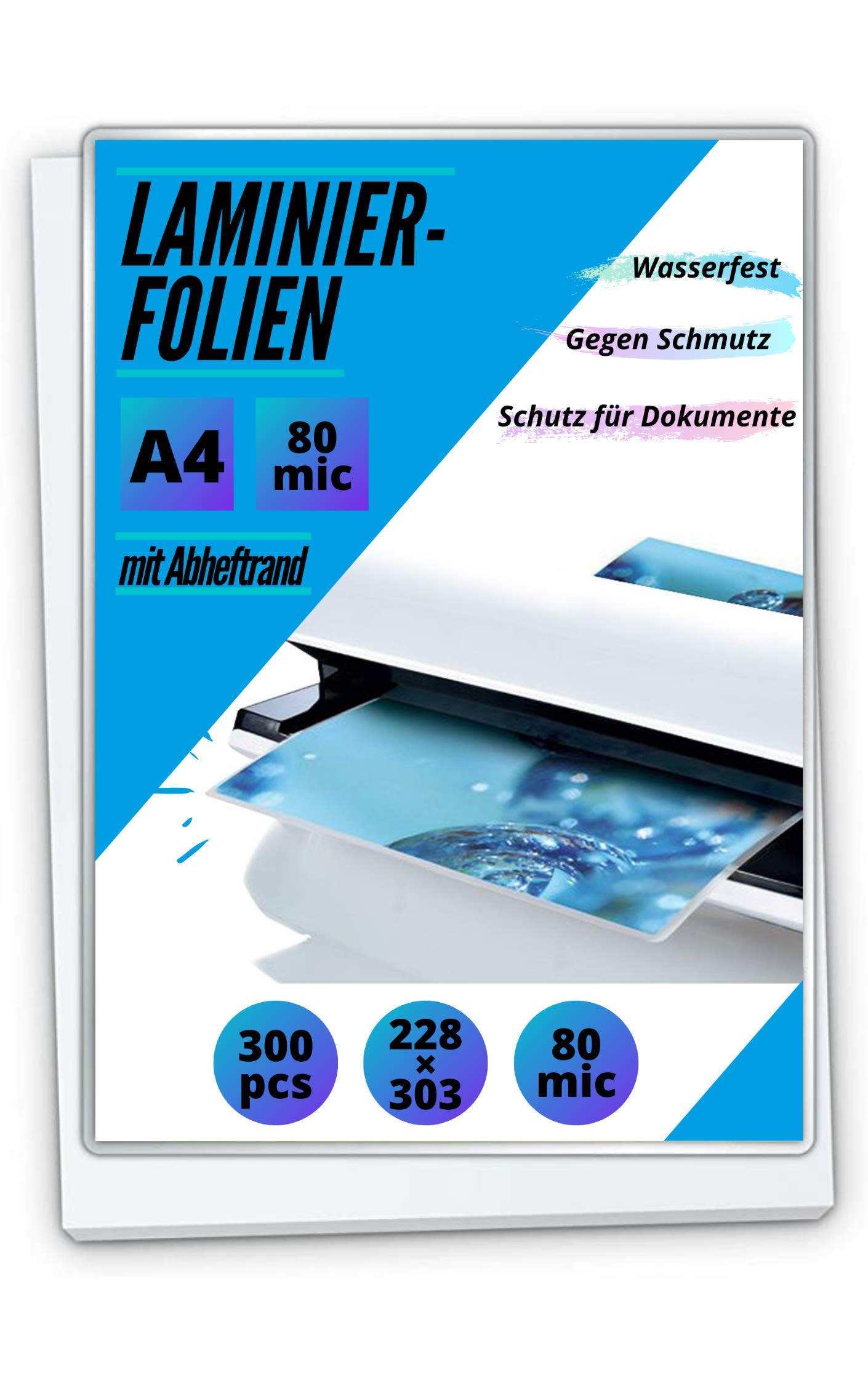 300 PREMIUM Laminierfolien DIN A4 - Hochglänzend mit Abheftrand (Filex) - 2 x 80mic (160 mic)