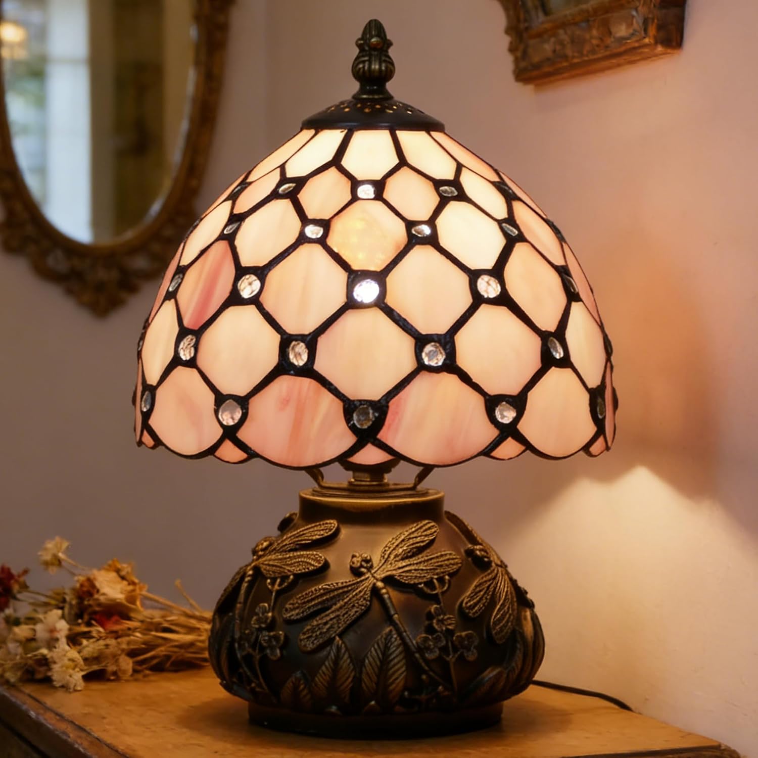Small Tiffany Lamp Mini Stained Glass Table Lamp Pink Pearl Style Mushroom Accent Lamp 8X11 Inch
