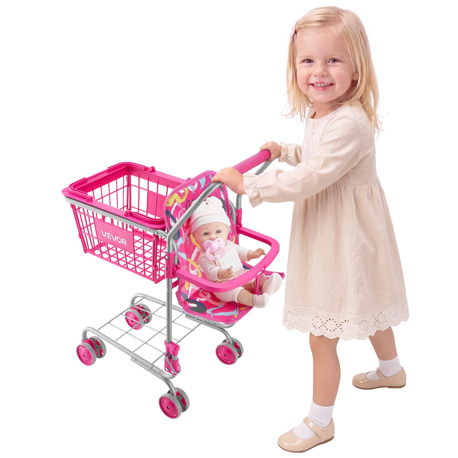 VEVOR Carrello della Spesa Giocattolo per Bambini dai 3 Anni, Carrello Supermercato Giocattolo, Telaio Robusto in Metallo, Sedile per Bambole, 4 Ruote Scorrevoli, Cestino a Rete, Facile da Riporre