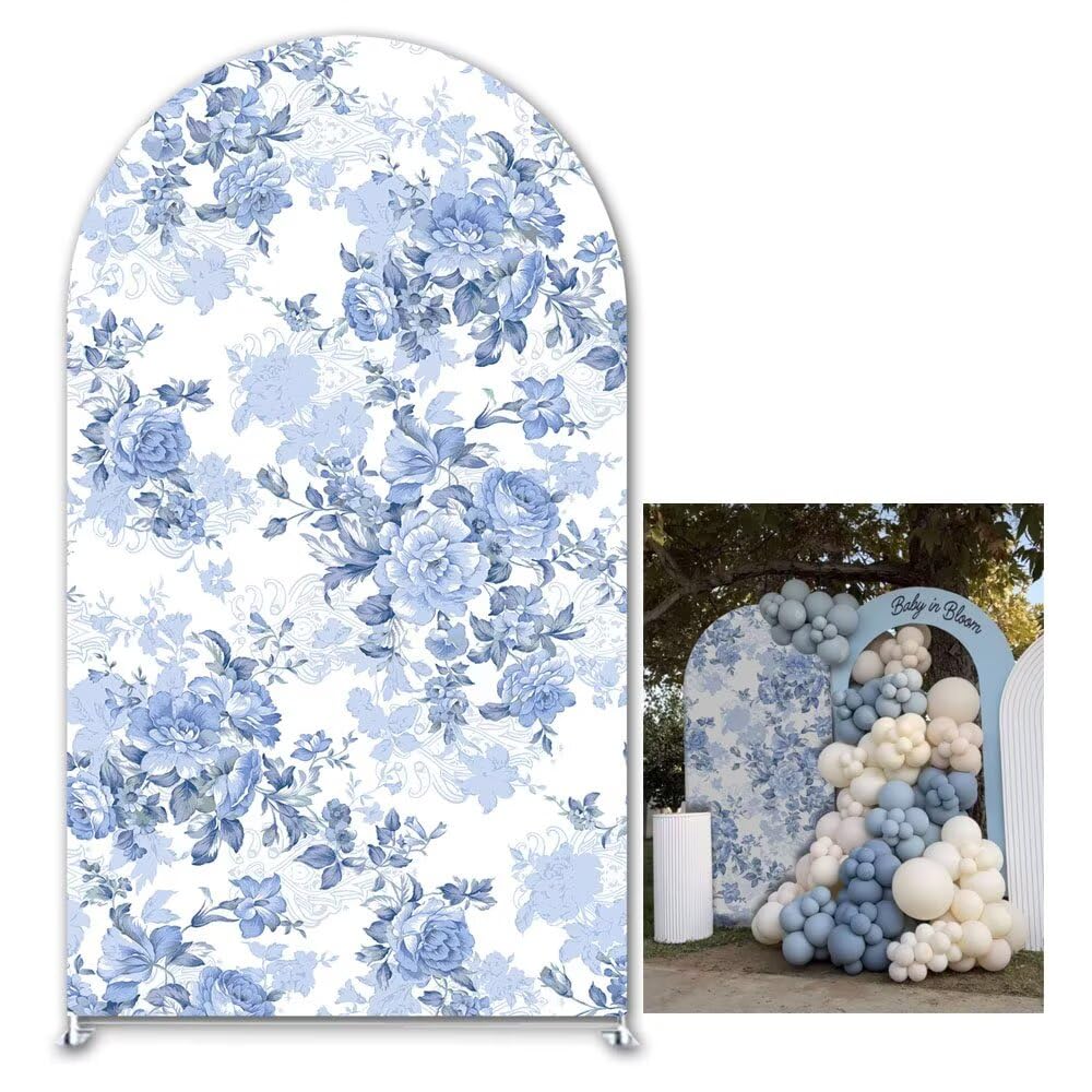 KONPON Bloom Blue Vintage Floral Arched Backdrop Cover Blue Chinoiserie Theme Arch Stand Covers Birthday Wedding Bridal Shower Party Decorations (No