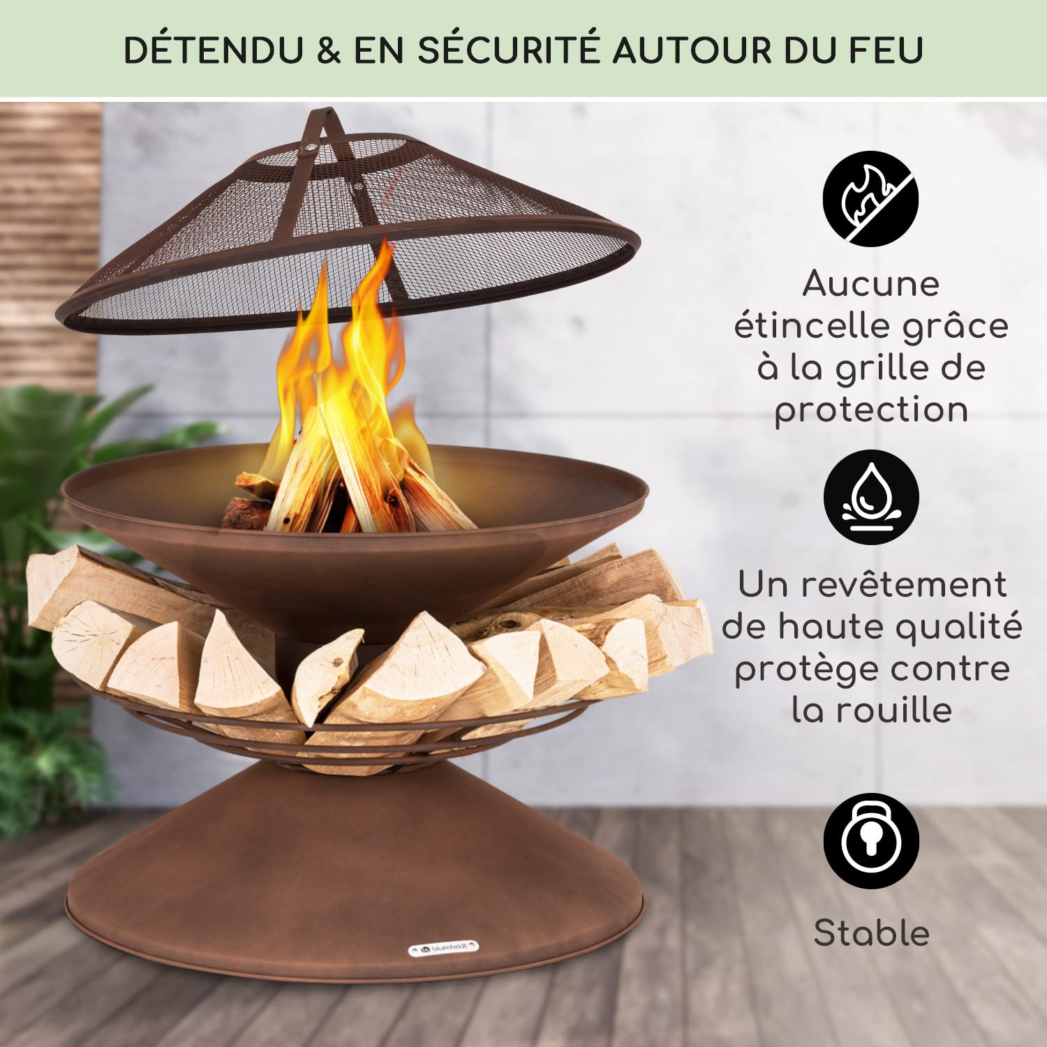 Blumfeldt Brasero Exterieur pour Le Jardin et Terrasse, Brasero Portable, Couvercle Pare-Etincelles, Bol en Acier, BBQ Circulaire avec Foyer Camping, Brûleur à Bois Résistant aux Intempéries