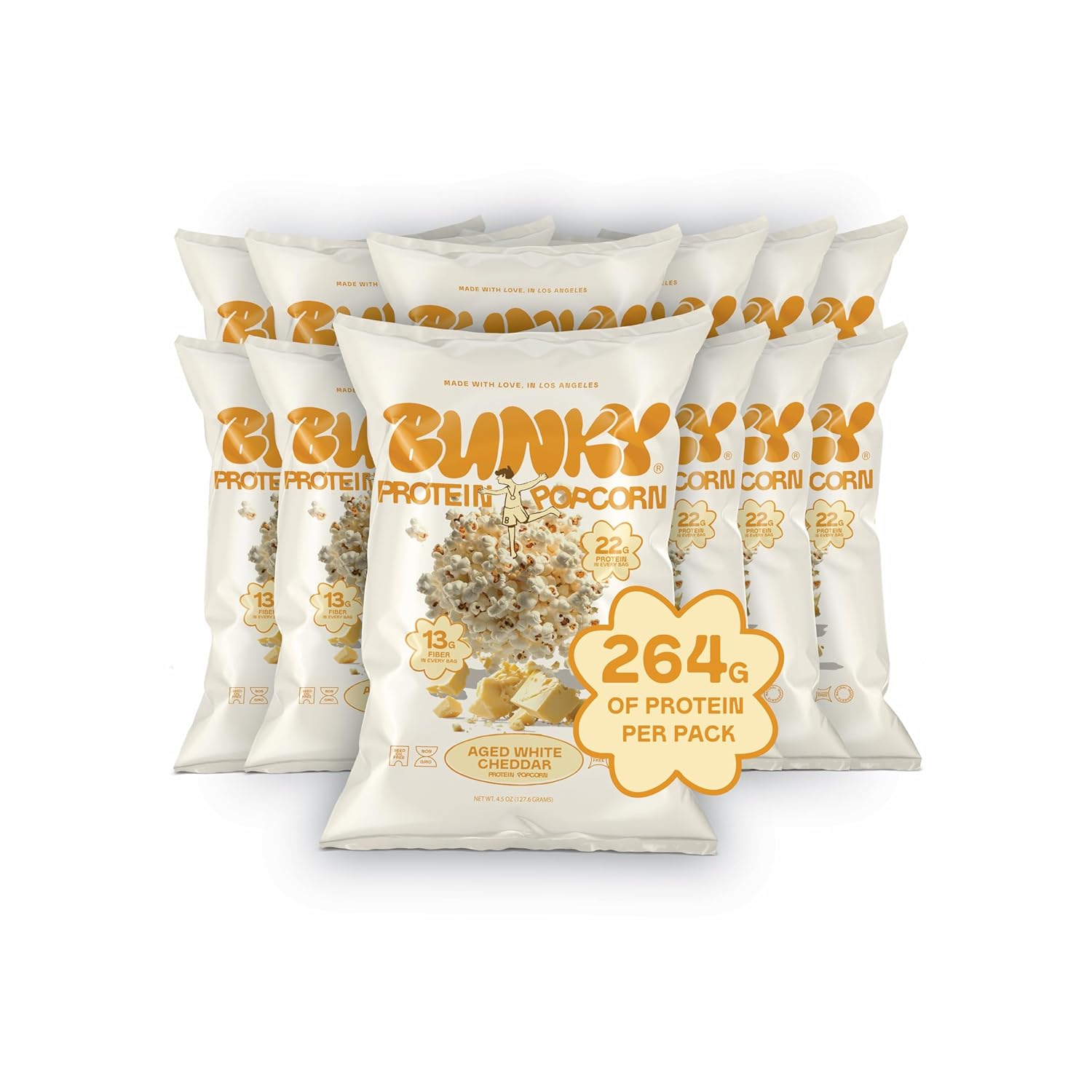 BUNKY Protein Popcorn, Aged White Cheddar | up to 20g Protein +13G Fiber Per Bag | High-Protein, Low-Calorie, Gluten-Free Snack | Non-GMO, No Seed Oils, Real Clean Ingredients | Pack of 6